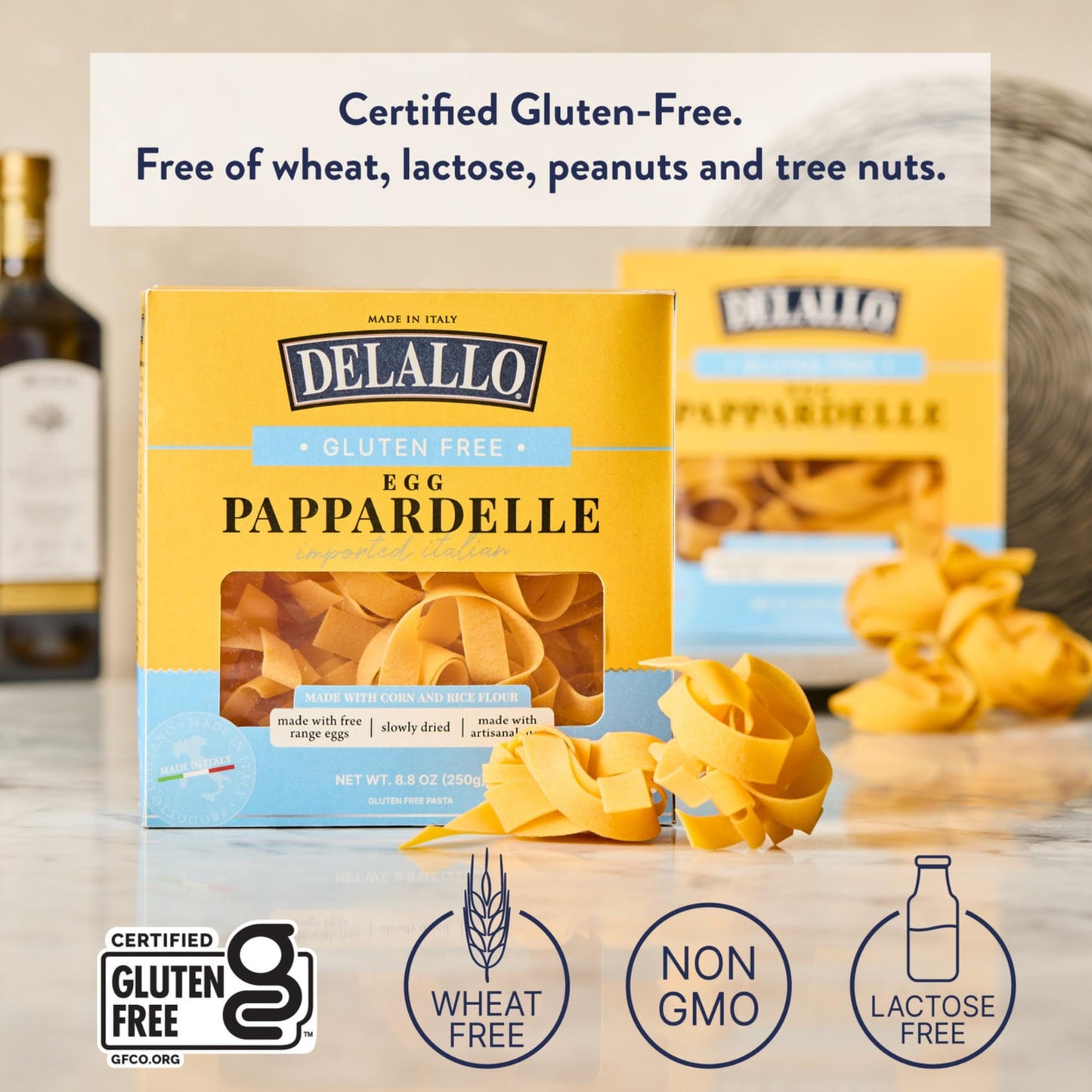 DeLallo Gluten-Free Pappardelle Pasta Nests, Made with Corn and Rice Flour and Farm Fresh Eggs, Made in Italy, Bronze Cut, Non-GMO, Wheat Free, 8.8 oz