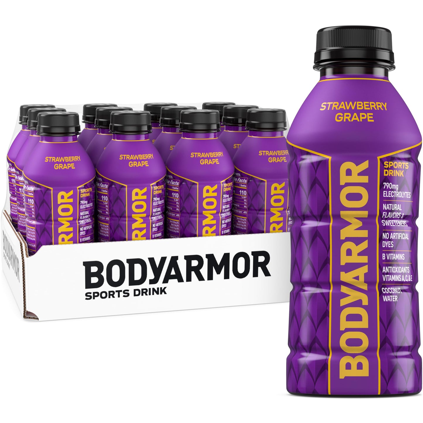 BODYARMOR Sports Drink, Strawberry Grape, Electrolyte Drink Hydration, 16 Fl Oz Bottles (12 Pack), Flavored Coconut Water with B Vitamins