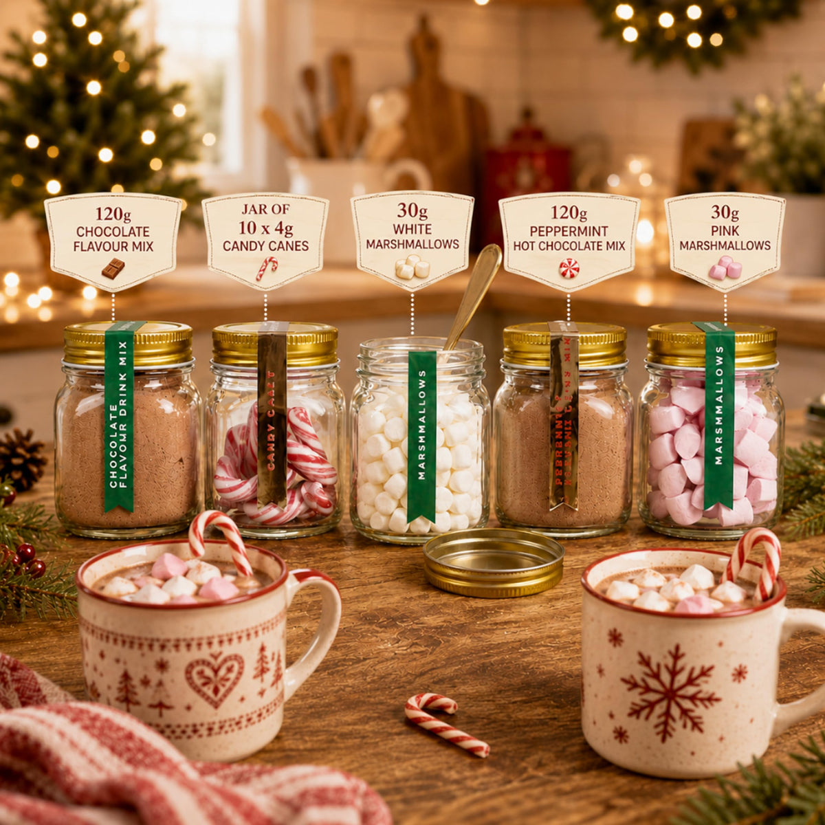 Hot Chocolate Station Gift Set - Chocolate Drink Mix, Mini Marshmallows & Candy Canes in Reusable Glass Jars | Festive Hot Cocoa Making Kit |