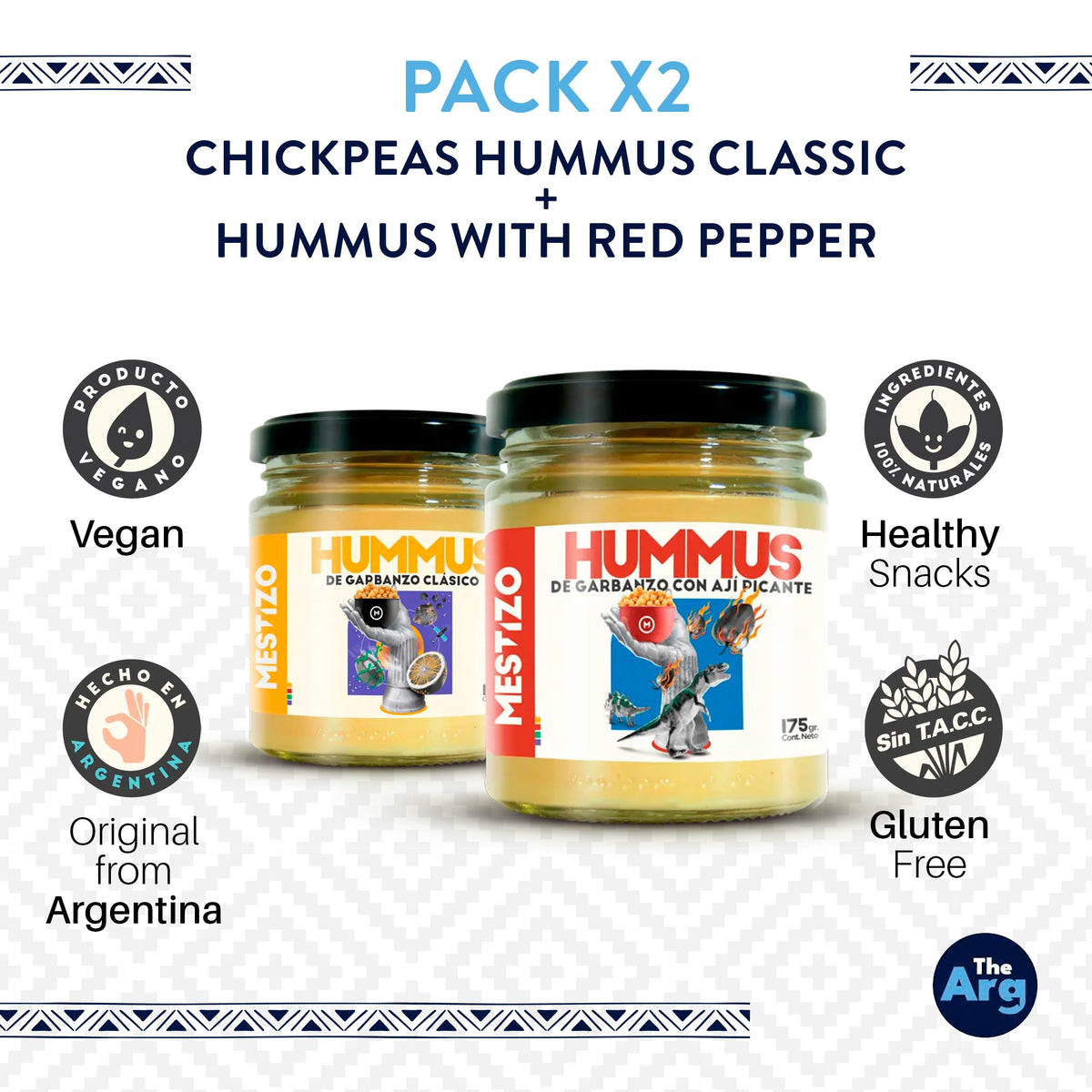 THEARG THE ARG | Pack Chickpeas Hummus Classic + Hummus with Red Pepper | for Chips Crackers Bread and More | Natural Healthy Snacks