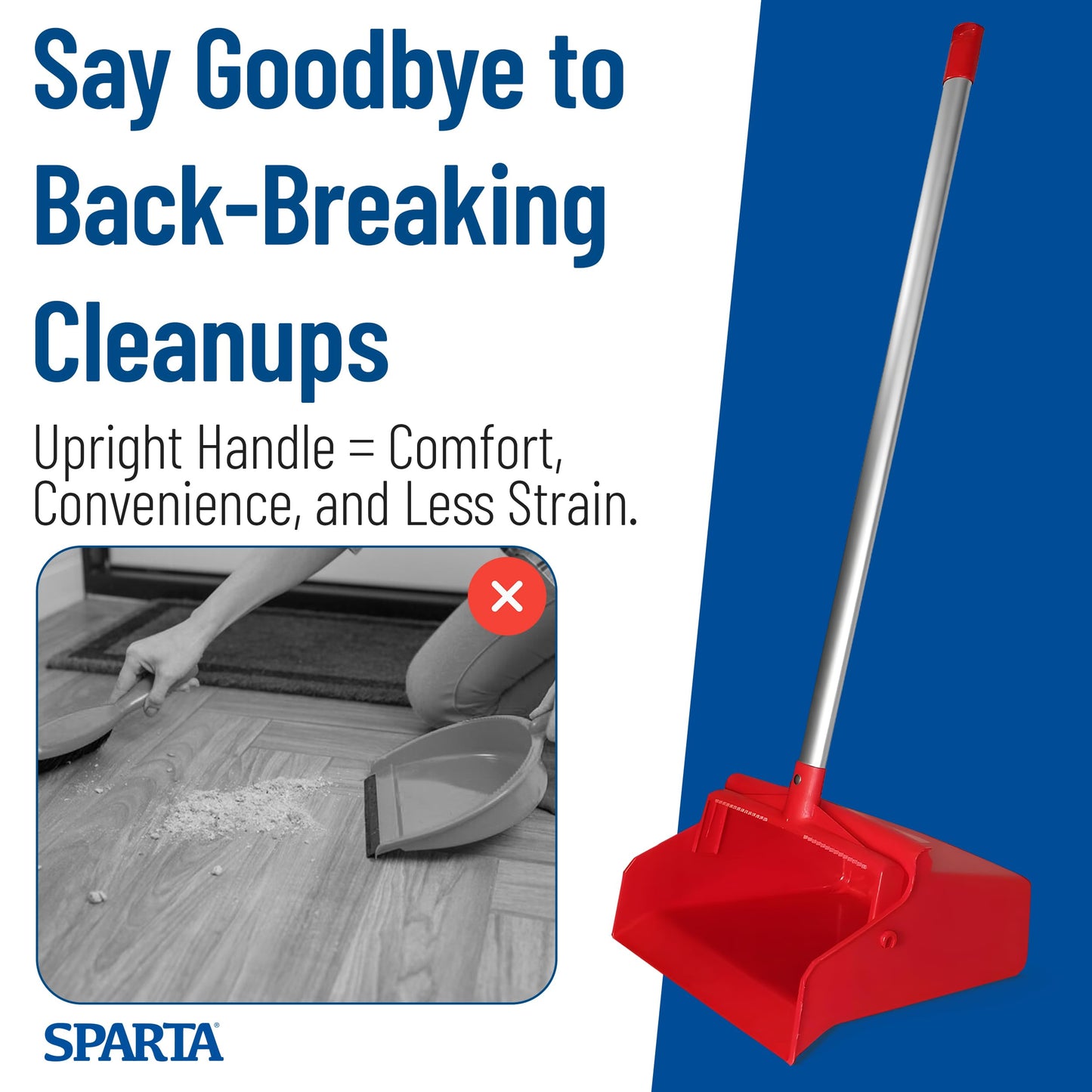 SPARTA Color Coded Upright Dustpan with 30 Inch Aluminum Handle, Serrated Edge and Locking Yoke, Standing Commercial Floor Dust Pan, Red