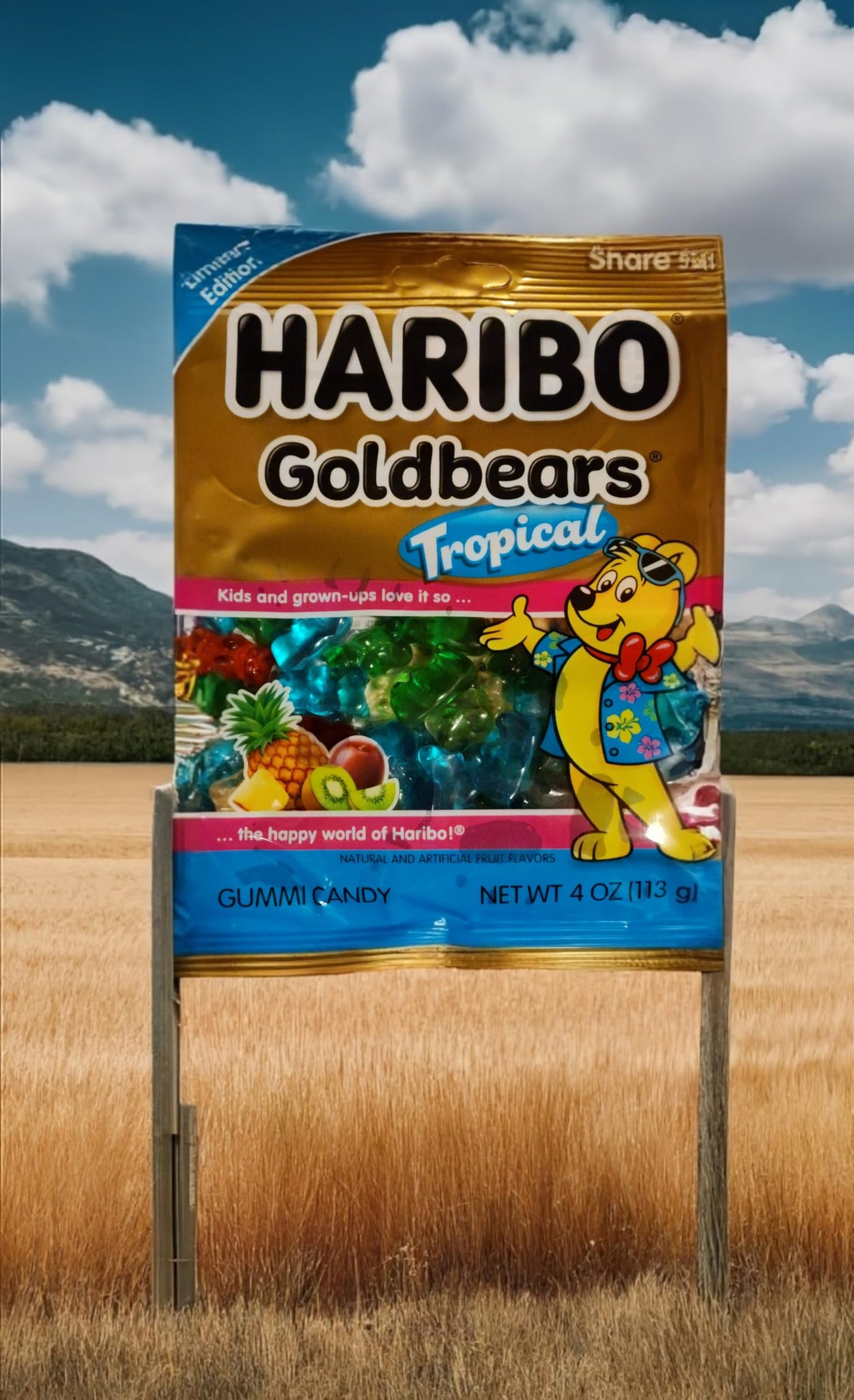 New Limited Edition Haribo Goldbears Gummi Bears Tropical Flavors: Pineapple, Kiwi, Passion Fruit, Paradise Punch. 4oz Share Size