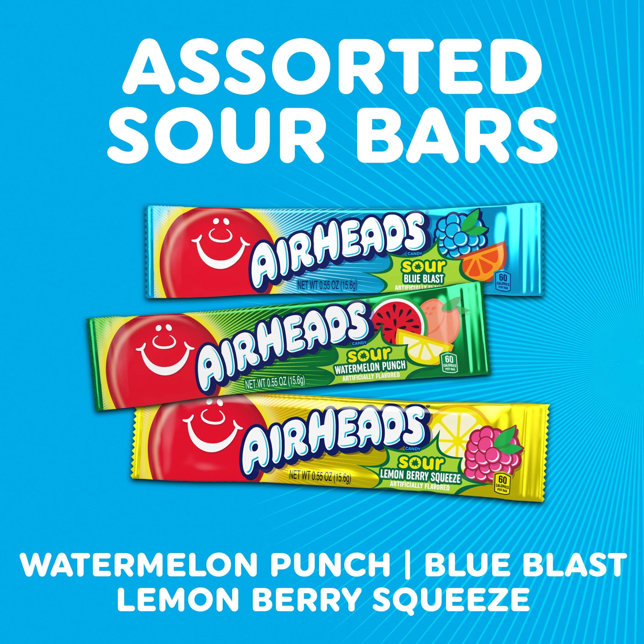 Airheads Sour Full-Size Candy Bars, Taffy Variety Bulk Box, Individually Wrapped Candy, Three Assorted Flavors, 60 Count Box