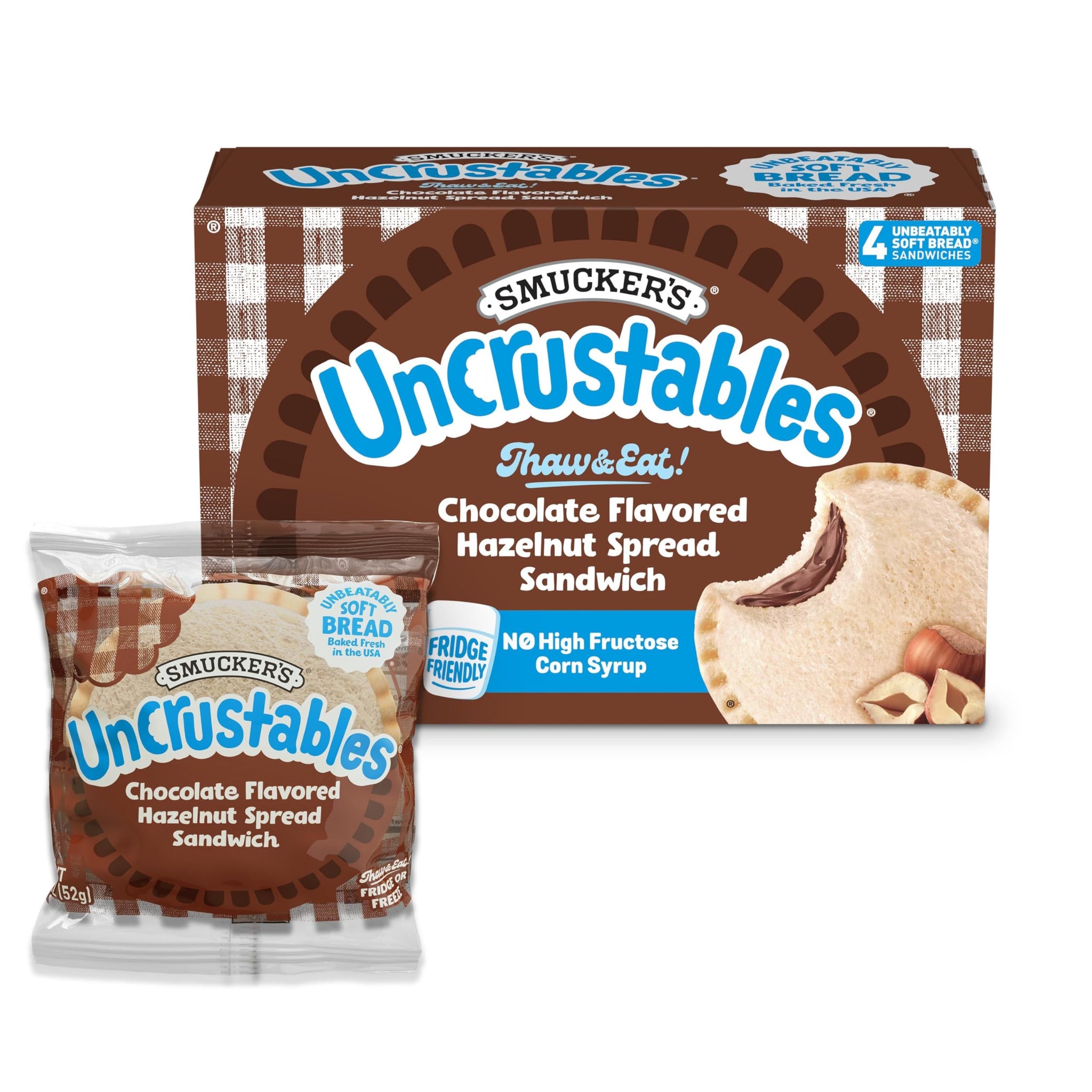 Smucker’s Uncrustables Chocolate Flavored Hazelnut Spread Sandwiches, 4 Count, 1.8 Oz. Each, Frozen