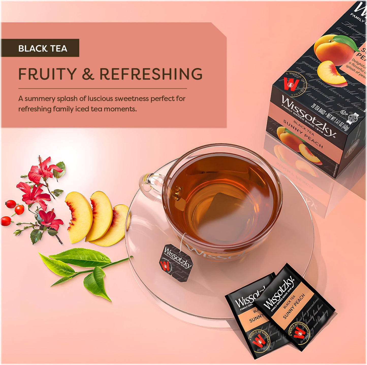 Wissotzky Sunny Peach Black Tea, 20 Tea Bags | Antioxidant Rich | Fruity Delight | Black Tea Bags