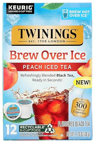 Twinings Brew Over Ice Unsweetened Peach Flavoured Black Iced Tea K-Cup Pods for Keurig, Caffeinated, 12 Count