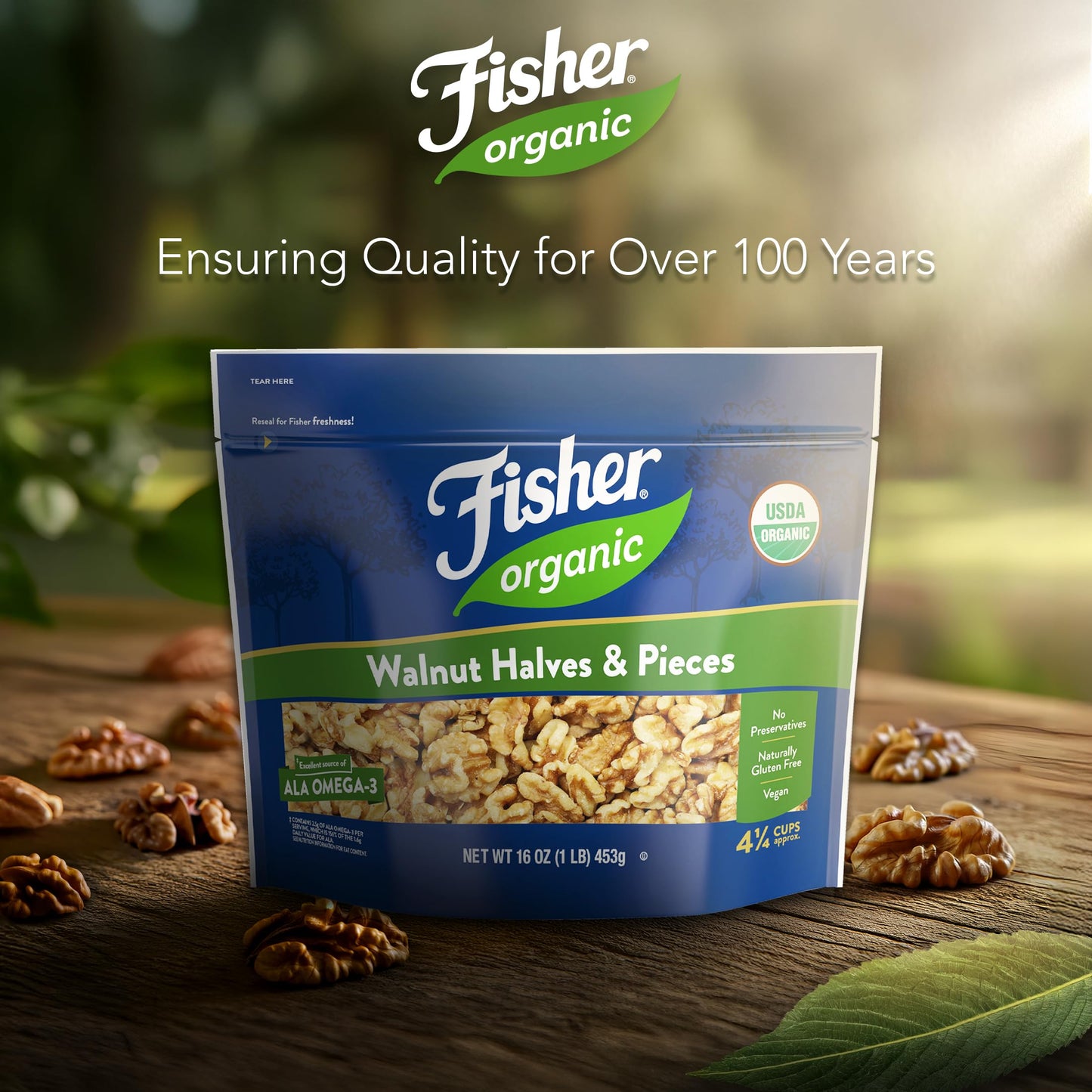 Fisher Organic Walnut Halves & Pieces 16 oz, USDA Certified Organic Nuts, Unsalted California Grown, Non-GMO, No Preservatives, Walnuts for Baking