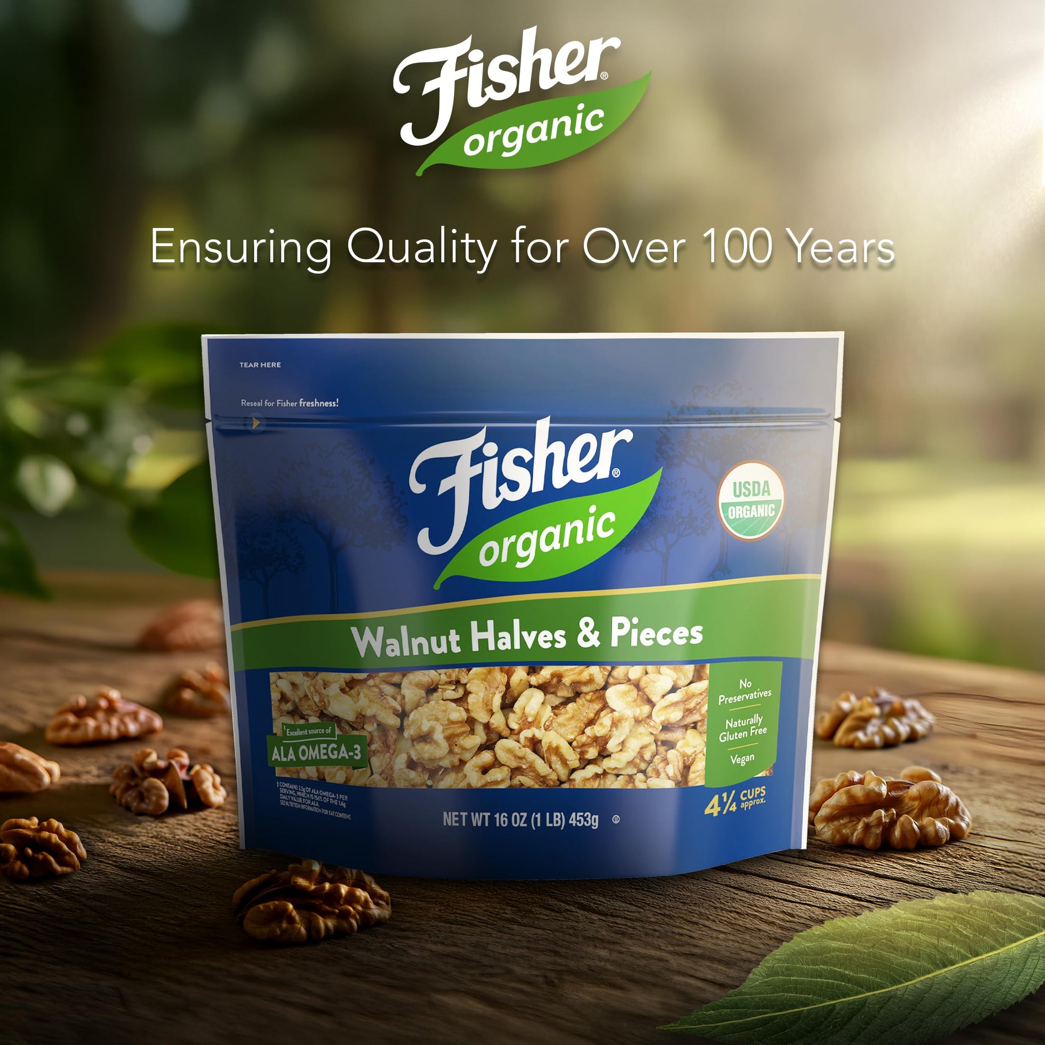 Fisher Organic Walnut Halves & Pieces 16 oz, USDA Certified Organic Nuts, Unsalted California Grown, Non-GMO, No Preservatives, Walnuts for Baking
