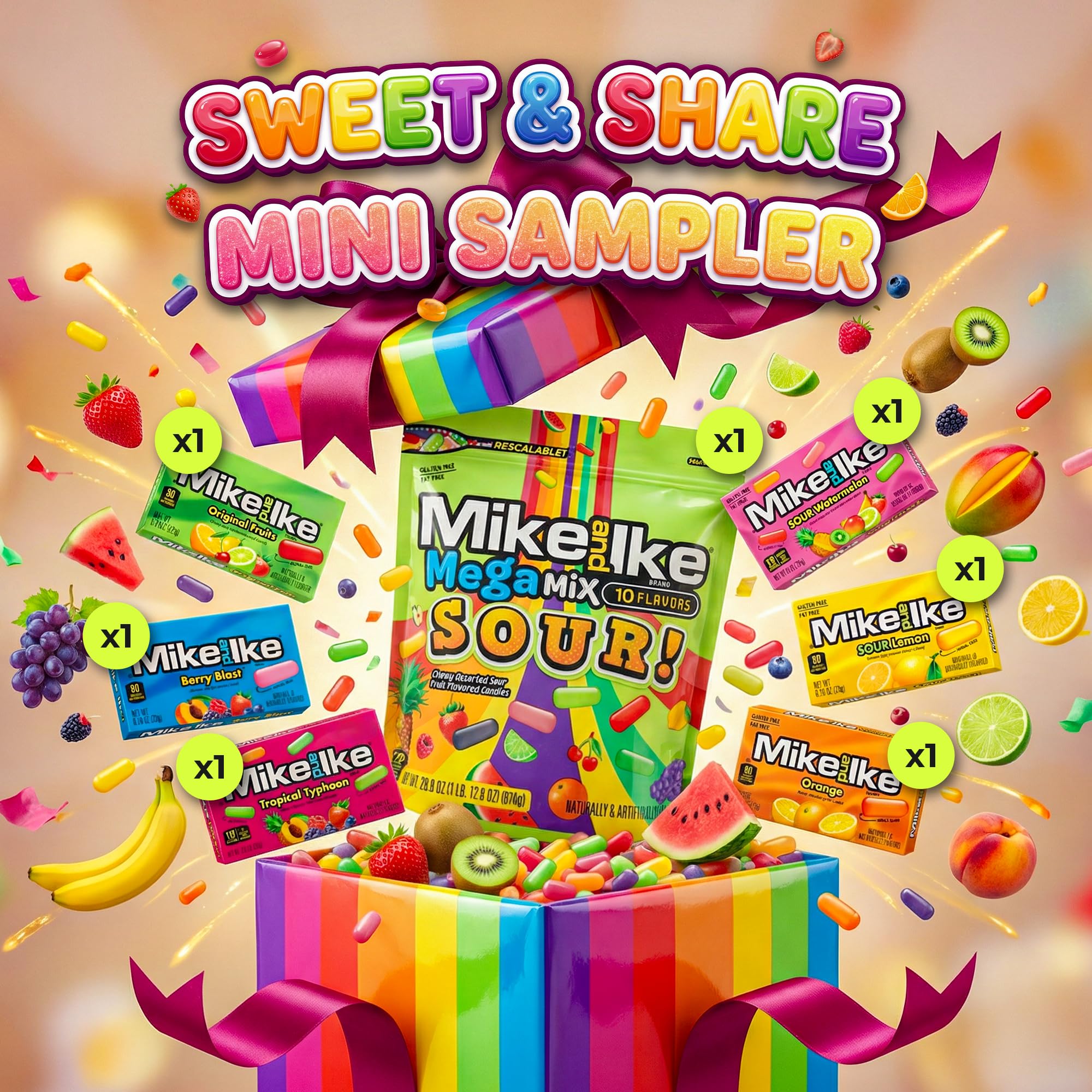 Mike and Ike Sour Theatre Box Variety Pack - 1x Mega Mix Sour 28.8oz + 6x Changemakers (Mixed flavors) + 1x Thank You Card - Candy Variety Pack, Bulk