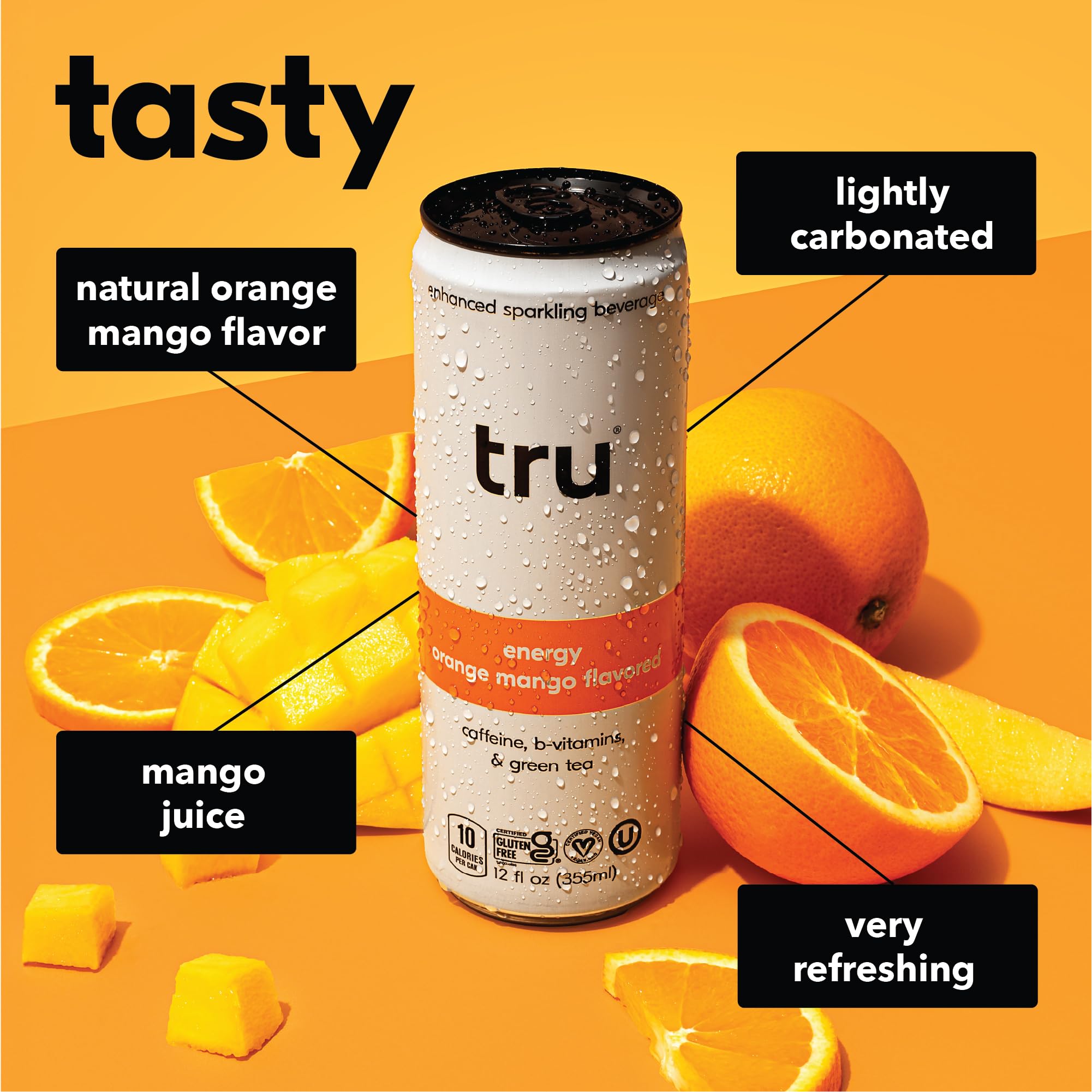 Tru Energy Seltzer, Sparkling Water with Natural Caffeine, Orange Mango Juice, Green Tea Extract & B Vitamins, Lightly Carbonated Energy Drink, Gluten
