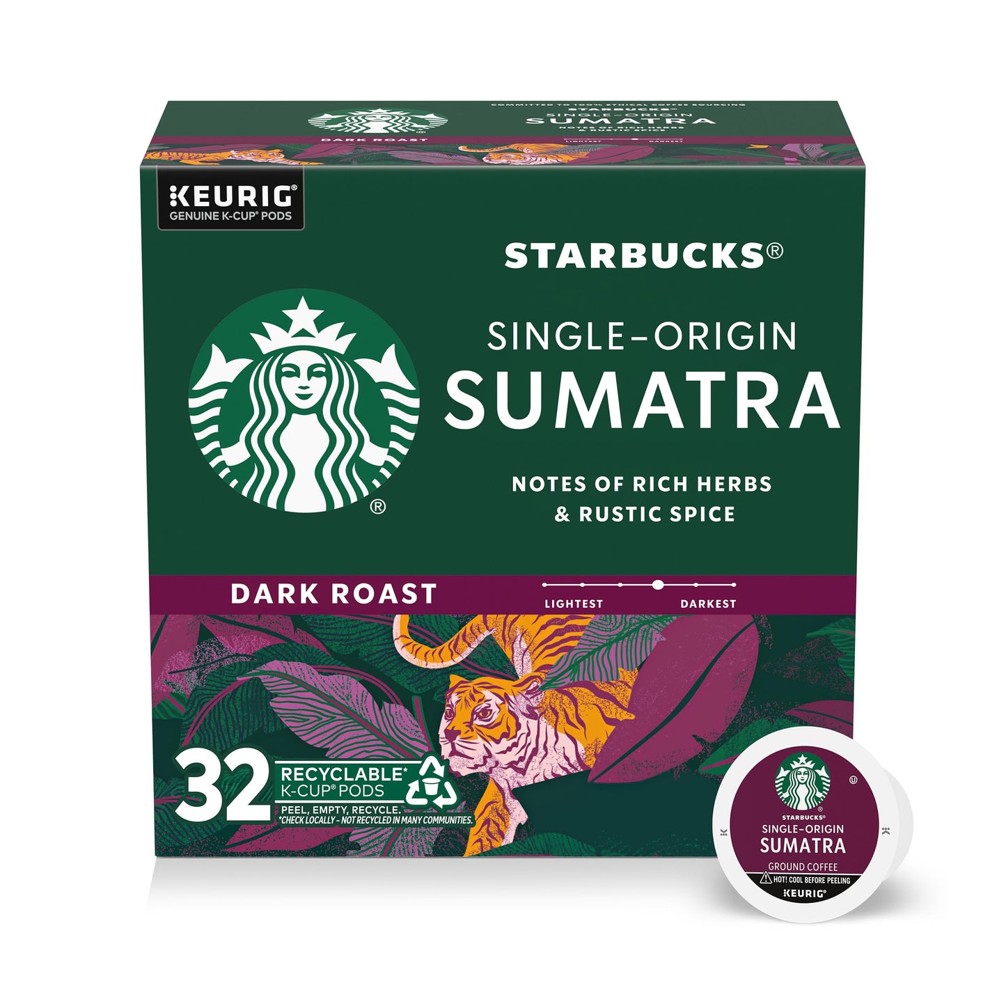 Starbucks K-Cup Coffee Pods, Dark Roast Coffee, Single-Origin Sumatra, 1 box (32 Keurig Pods)