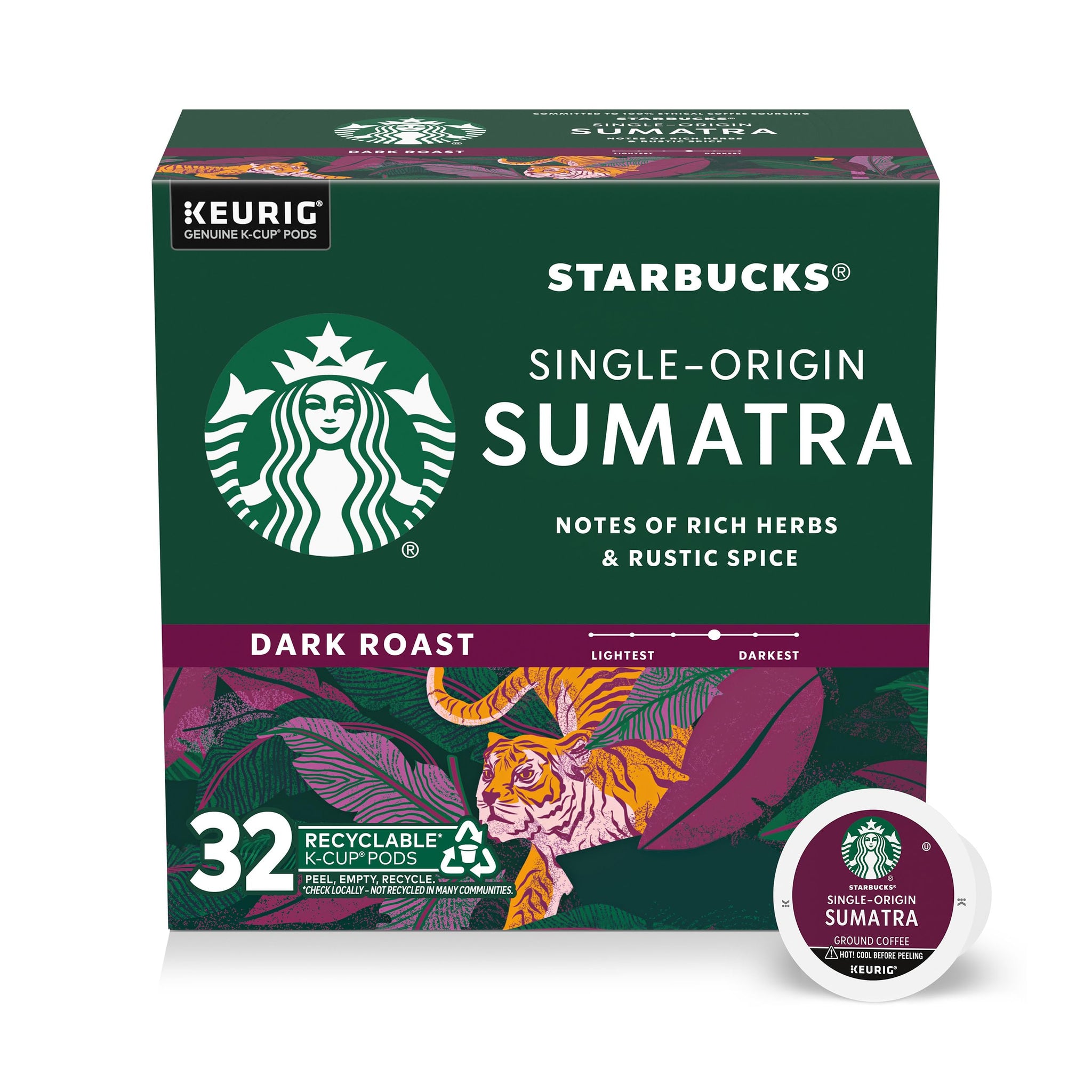 Starbucks K-Cup Coffee Pods, Dark Roast Coffee, Single-Origin Sumatra, 1 box (32 Keurig Pods)