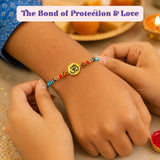 LOVENSPIRE Religious Om Rakhi Hamper for Brother - Includes 2 Colorful Adjustable Bracelet Threads, Chocolate, Haldi Kumkum Holder, Thandai, Roli