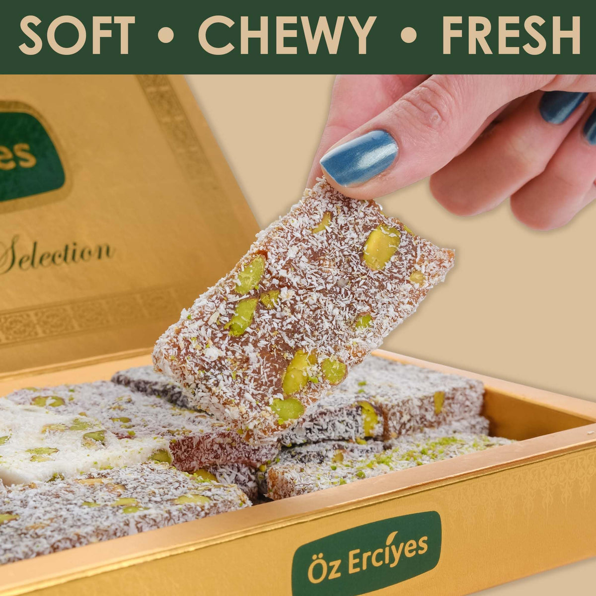 Cezerye Turkish Delight - Fig, Pomegranate, Carrot & Pistachio Lokum, Traditional Turkish Sweets, Healthy Arabic Candy Gift Box, 17.6 oz (500g)