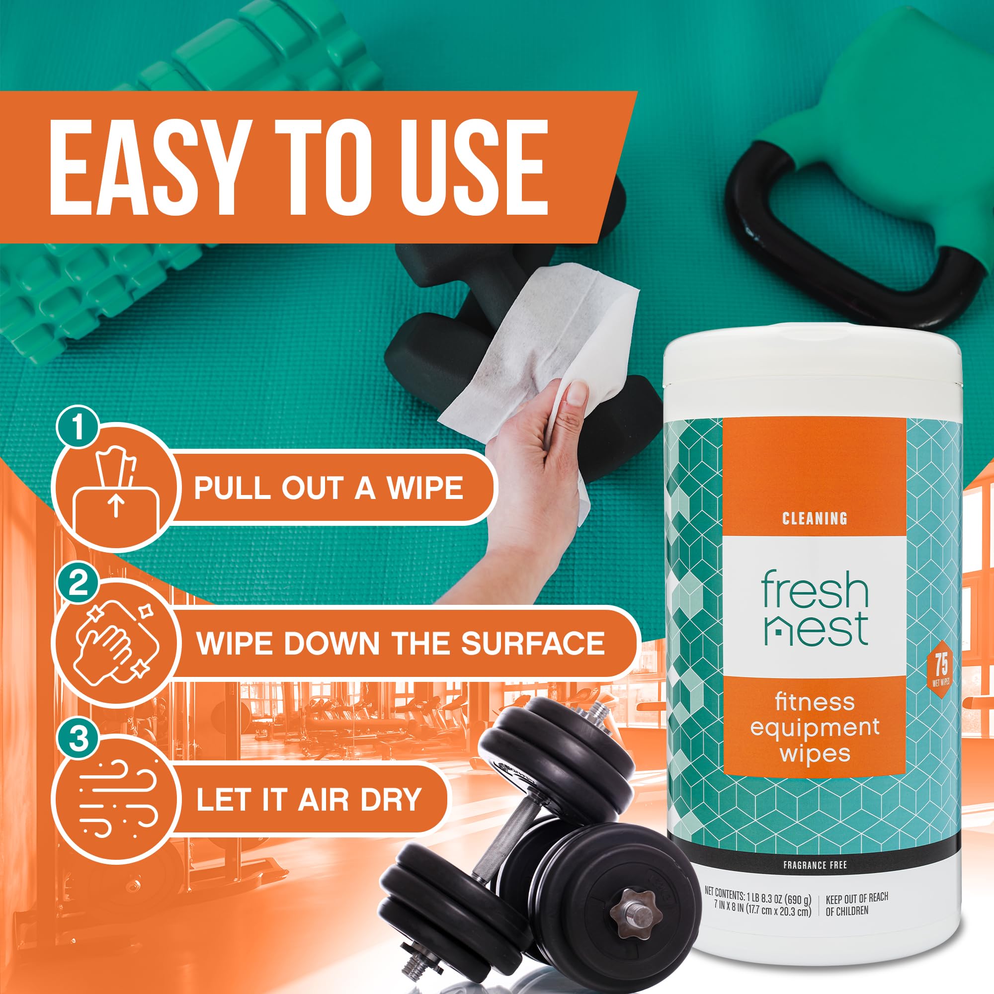 Fresh Nest Fitness Equipment Wipes - Cleaning Wipes for Yoga Mats, Pilates Studios, Gyms, Peloton & Cycle Bikes, Spas - Fragrance-Free Wipes Surface