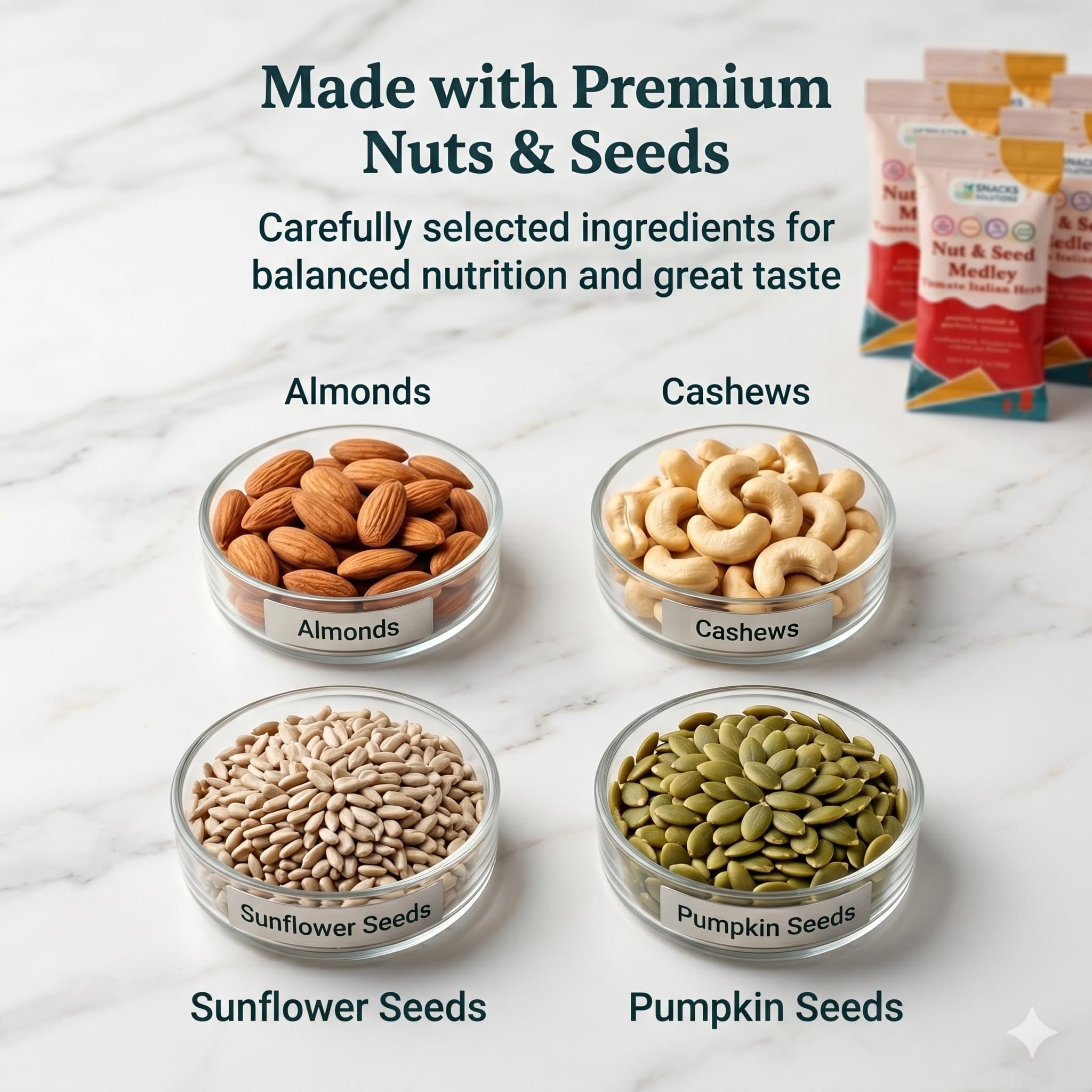 Snacks Solutions Nut & Seed Medley - Healthy Snack & Salad Topper with 5g Plant Protein, Vegan & Gluten Free, Roasted Crunch, Tomato Italian Herb