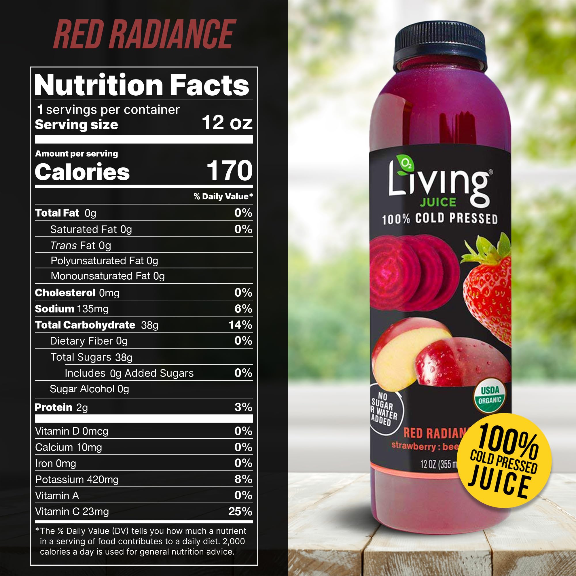 O2 Living Juice Cold Pressed Drink - Red Radiance Organic Juice Pack - No Added Sugar or Water, Naturally Sweetened from Fruits, Rich in Nutrients