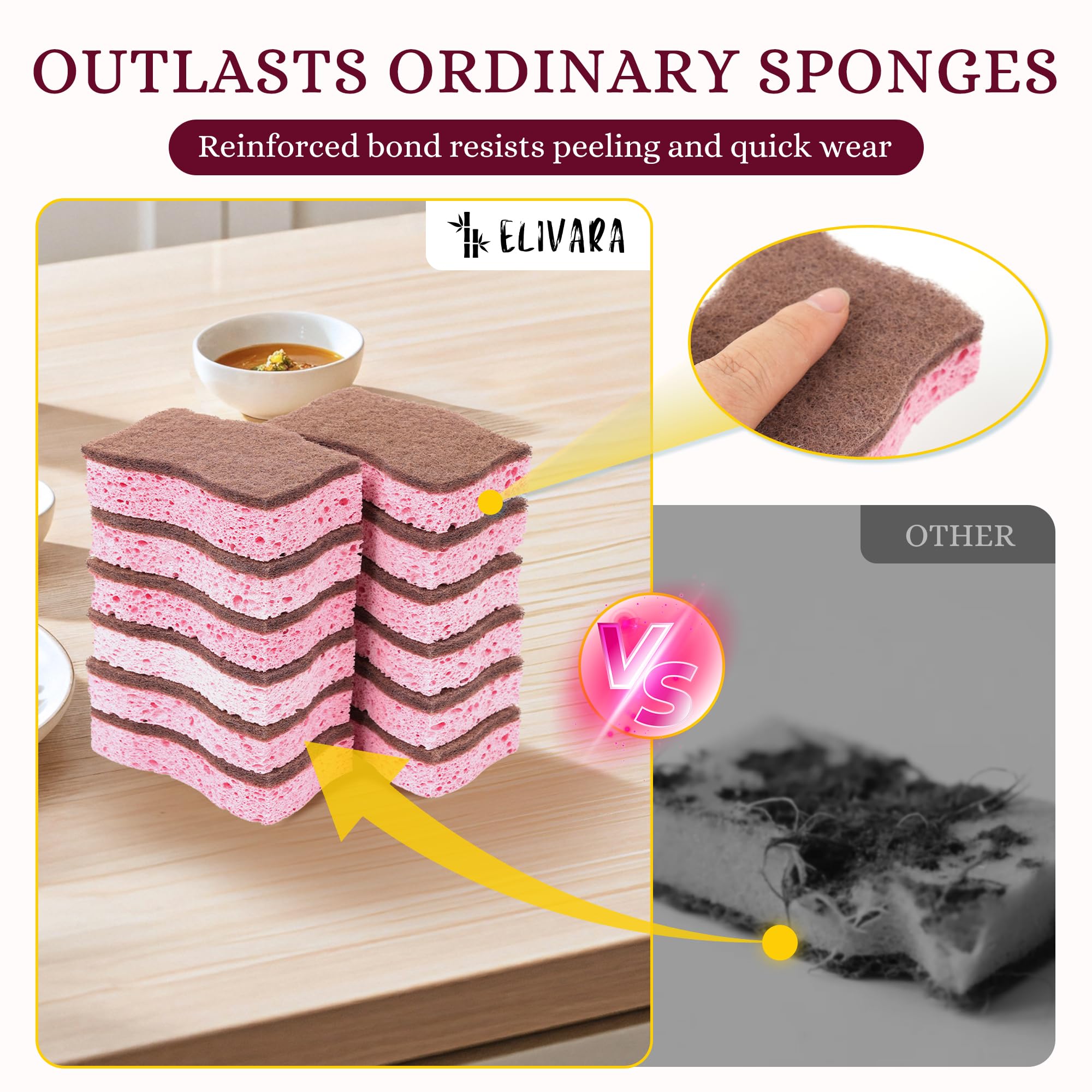 ELIVARA Kitchen Sponges - 12 Pack - Non-Scratch Dual-Sided Cellulose Scrub Sponges for Dishes, Pots, and Pans - Durable, Absorbent, and Reusable