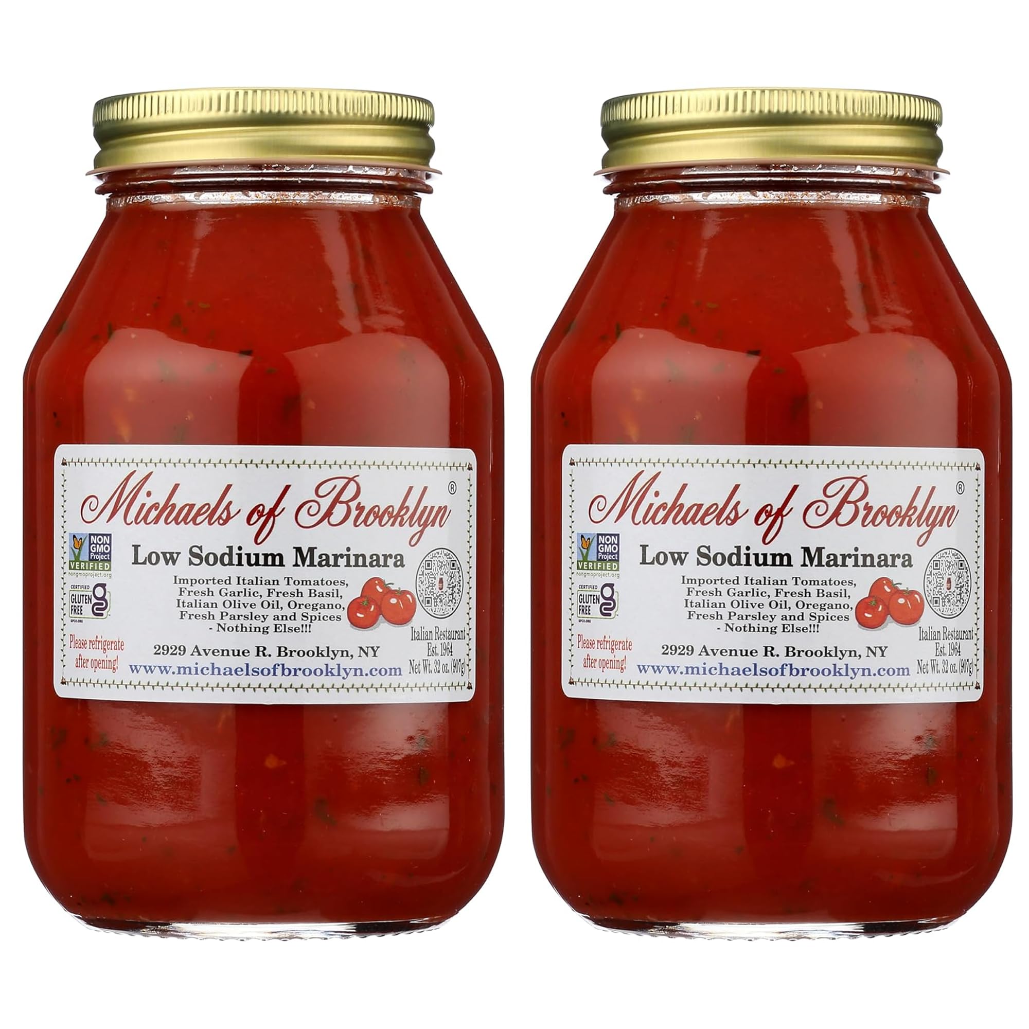 Michael's of Brooklyn Low Sodium Marinara Sauce, 32oz Jar (Pack of 2) - Non-GMO, Gluten Free Italian Pasta Sauce - With Italian Tomatoes, Garlic