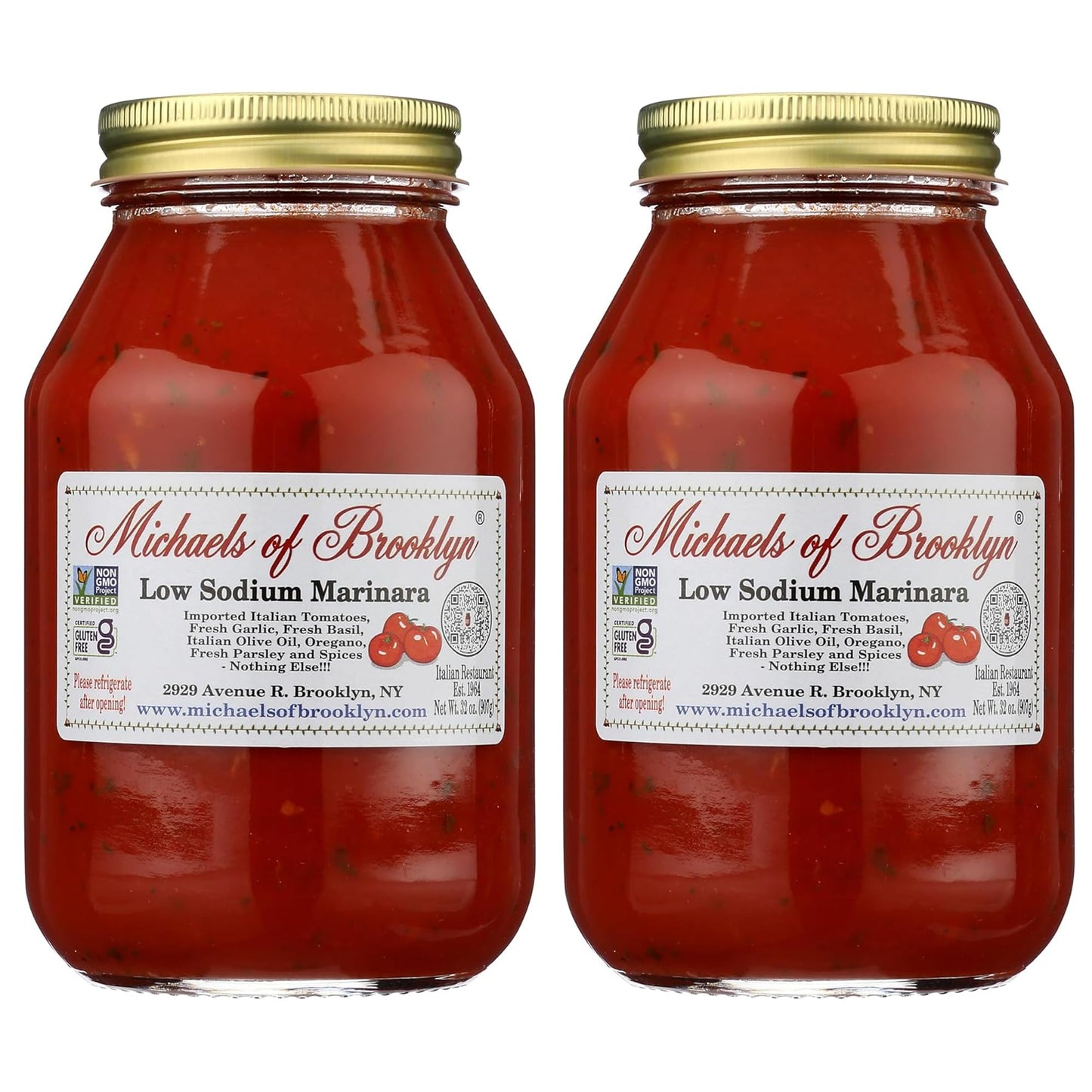 Michael's of Brooklyn Low Sodium Marinara Sauce, 32oz Jar (Pack of 2) - Non-GMO, Gluten Free Italian Pasta Sauce - With Italian Tomatoes, Garlic