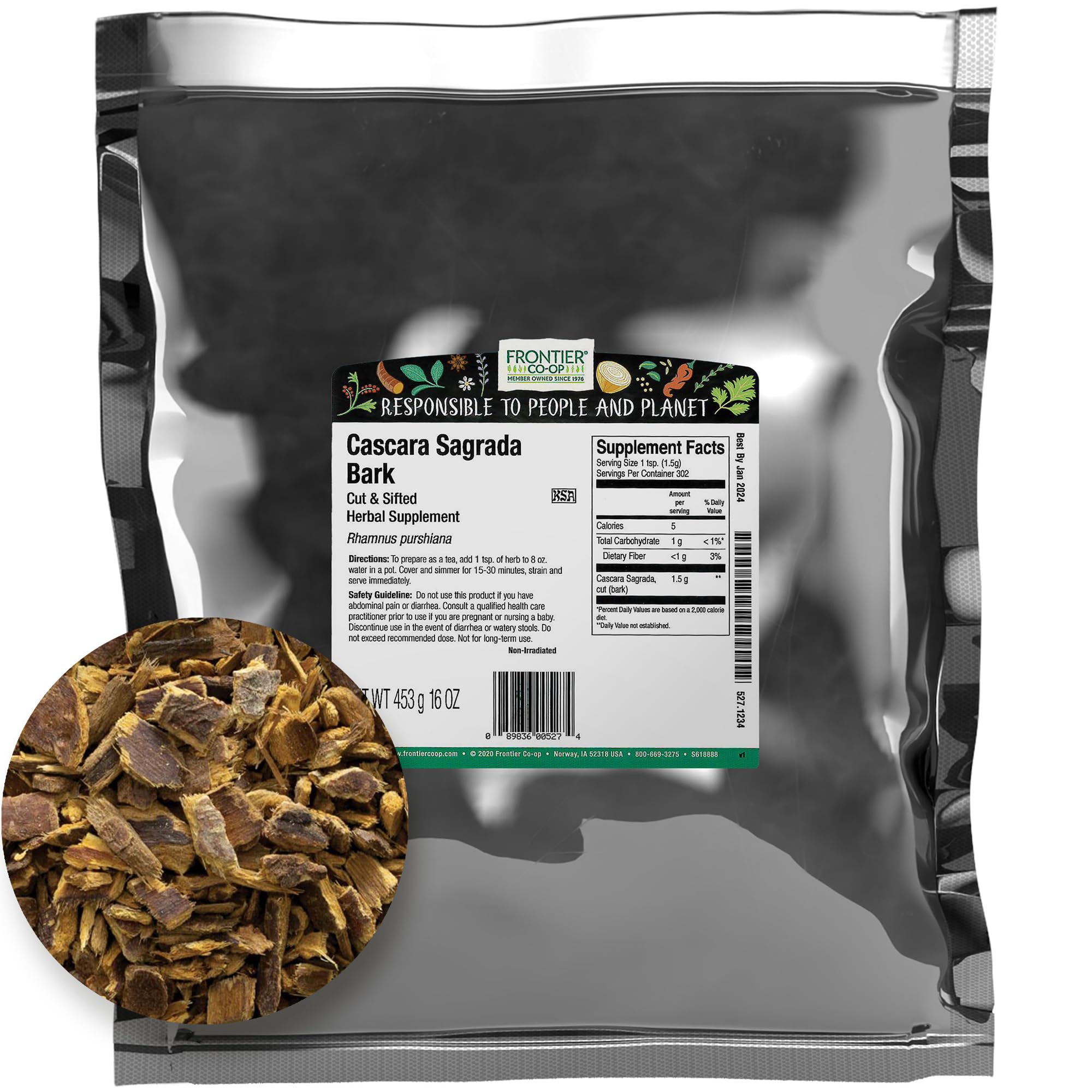 Frontier Co-op Cut and Sifted Wildcrafted Cascara Sagrada Bark 1lb - Aged Buckthorn Bark, Bulk Wholesale Bag