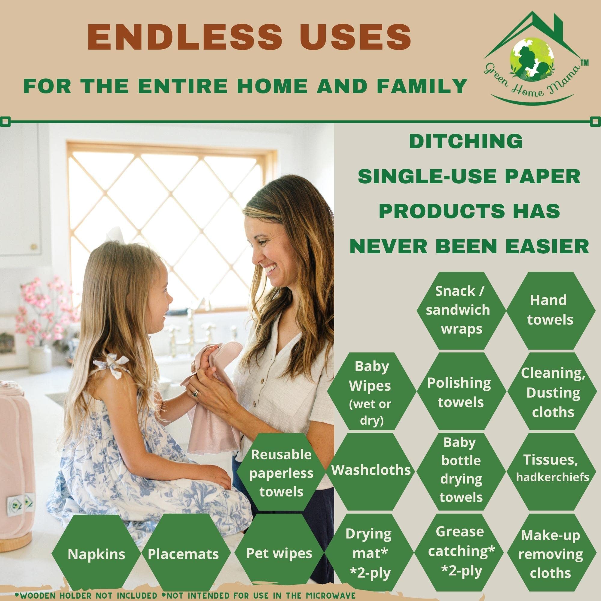 Reusable Paper Towels Washable Roll 29 Pack, 100% Soft Cotton Baby Wipes, Paperless Paper Towel Alternative, Zero Waste Napkins w/Wet Bag & Wash Cloth