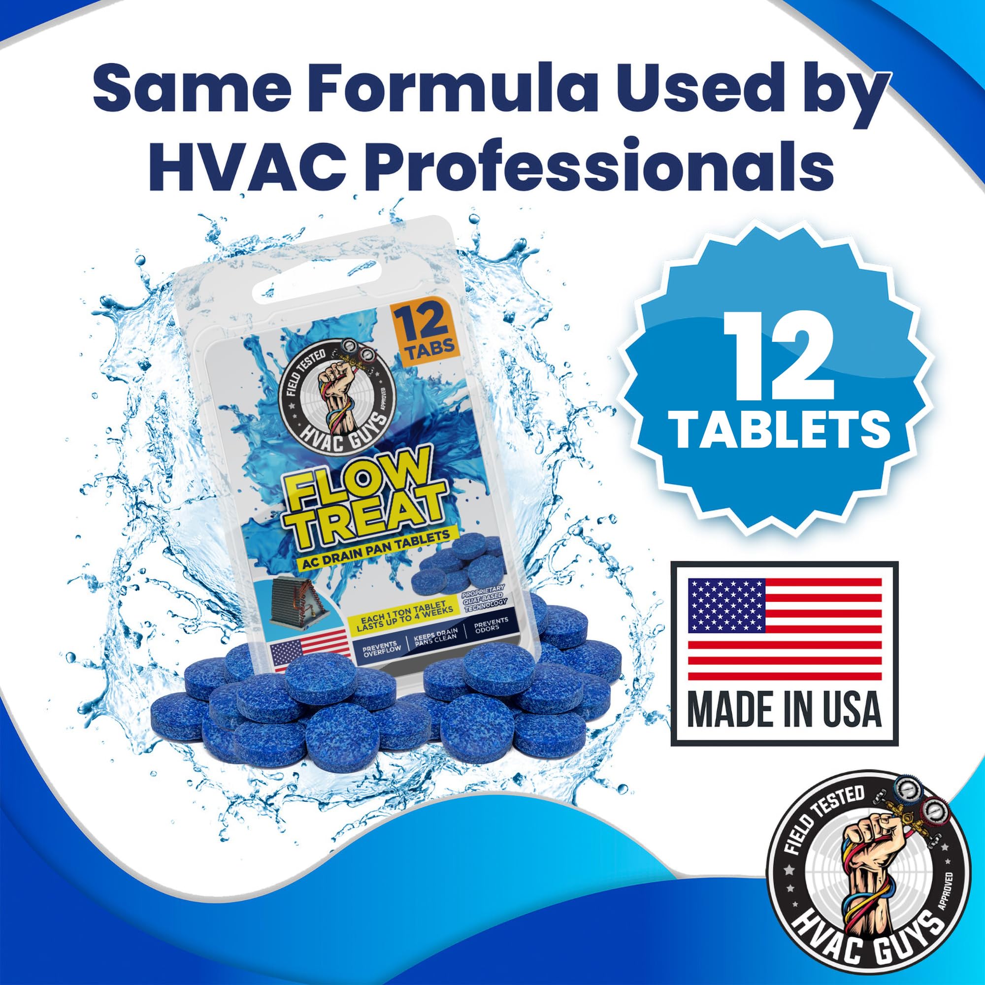 HVAC Guys AC Drain Pan Tablets 12PK | Flow Treat Tablets Prevents Odors, Keeps HVAC Drain Pan Clean, Prevents Overflow | One Tablet Lasts up to 4