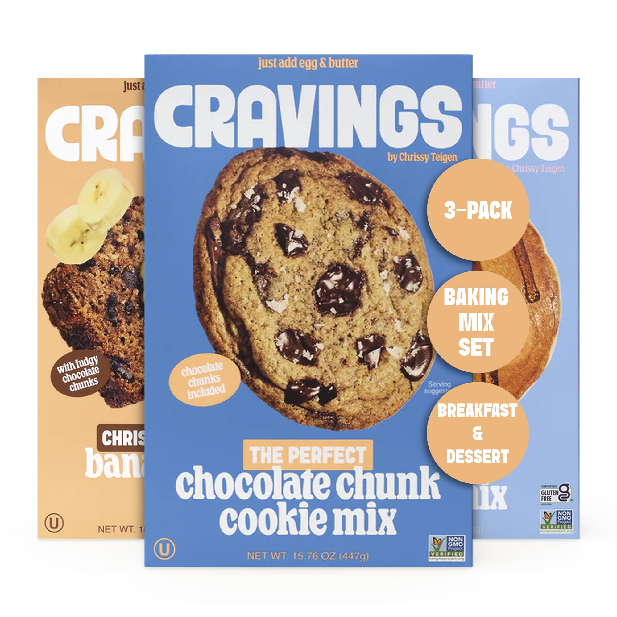 Cravings by Chrissy Teigen 3-Pack Baking Mix Set - Includes Banana Bread Mix, Chocolate Chip Cookie Mix, Mochi Pancake & Waffle Mix