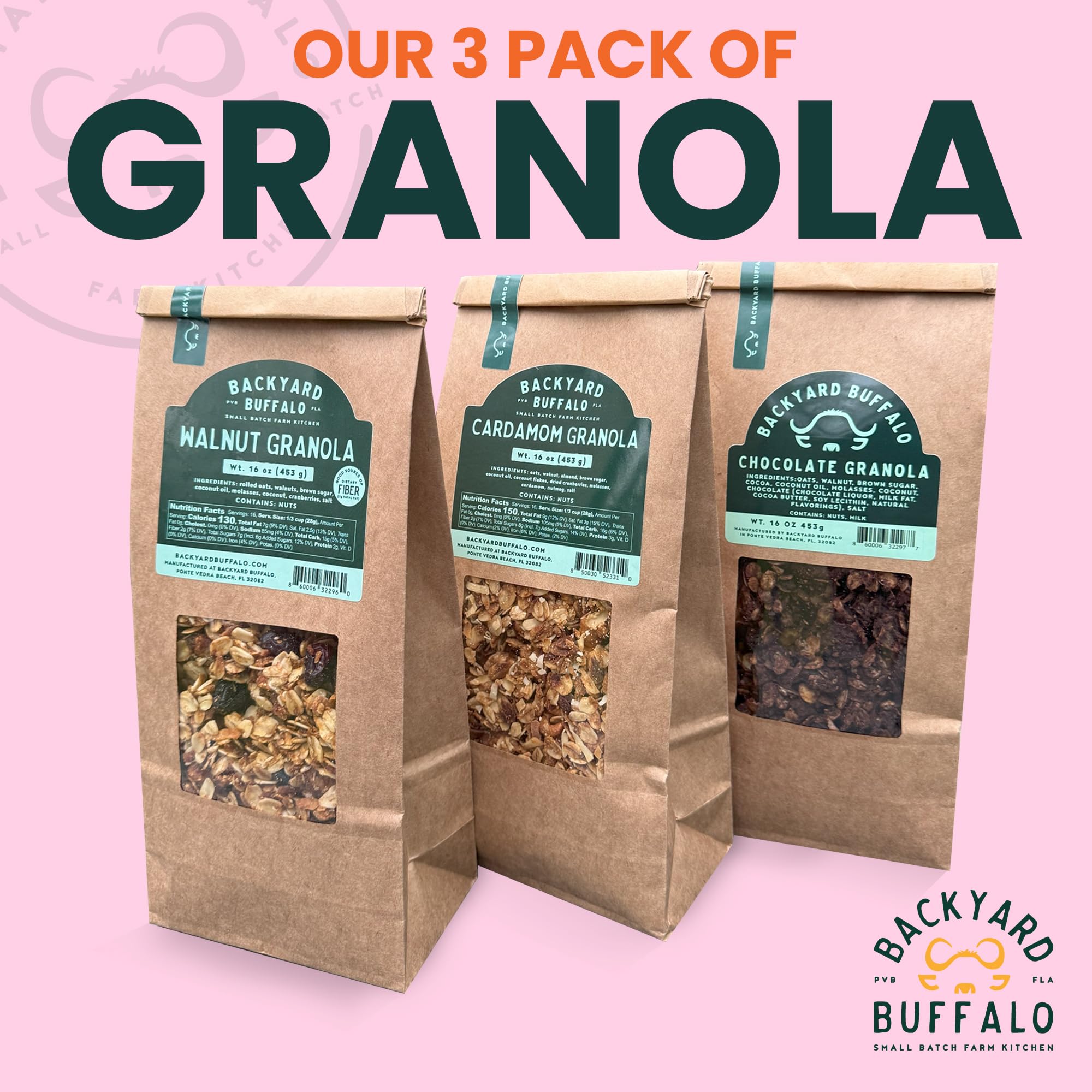 Backyard Buffalo Small Batch Chocolate Granola Trio, Packed with Fiber and Protein, 16 oz bags (Pack of 3)