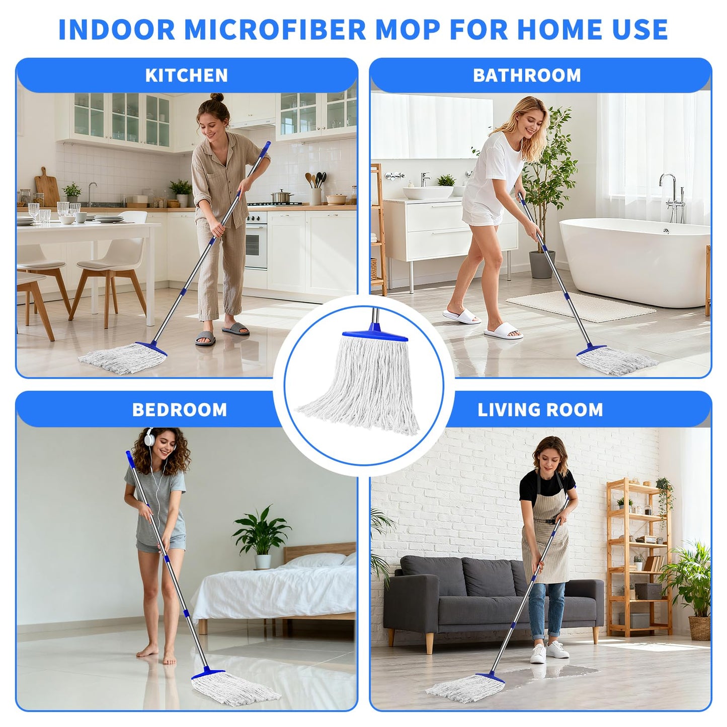 Indoor Cotton Mops for Floor Cleaning - Indoor Cleaning Mop for Wood Floors, Tile, Hardwood Floor, 52" Adjustable Stainless Steel Handle Mops to Clean