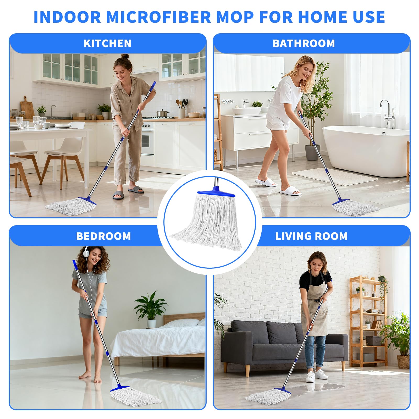 Indoor Cotton Mops for Floor Cleaning - Indoor Cleaning Mop for Wood Floors, Tile, Hardwood Floor, 52" Adjustable Stainless Steel Handle Mops to Clean