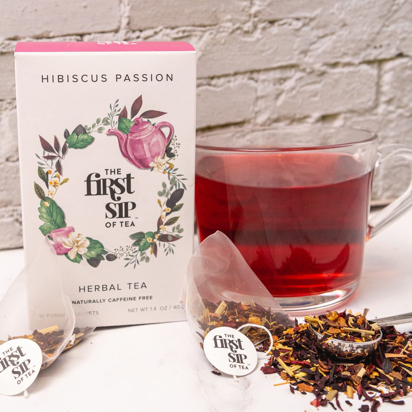 Hibiscus Passion, Herbal Tea Bags, Lemongrass, Orange, Cinnamon, Pure Herbs, Caffeine Free, Hot & Iced Tea - 16 Cups | The Spice Hut, First Sip Of Tea