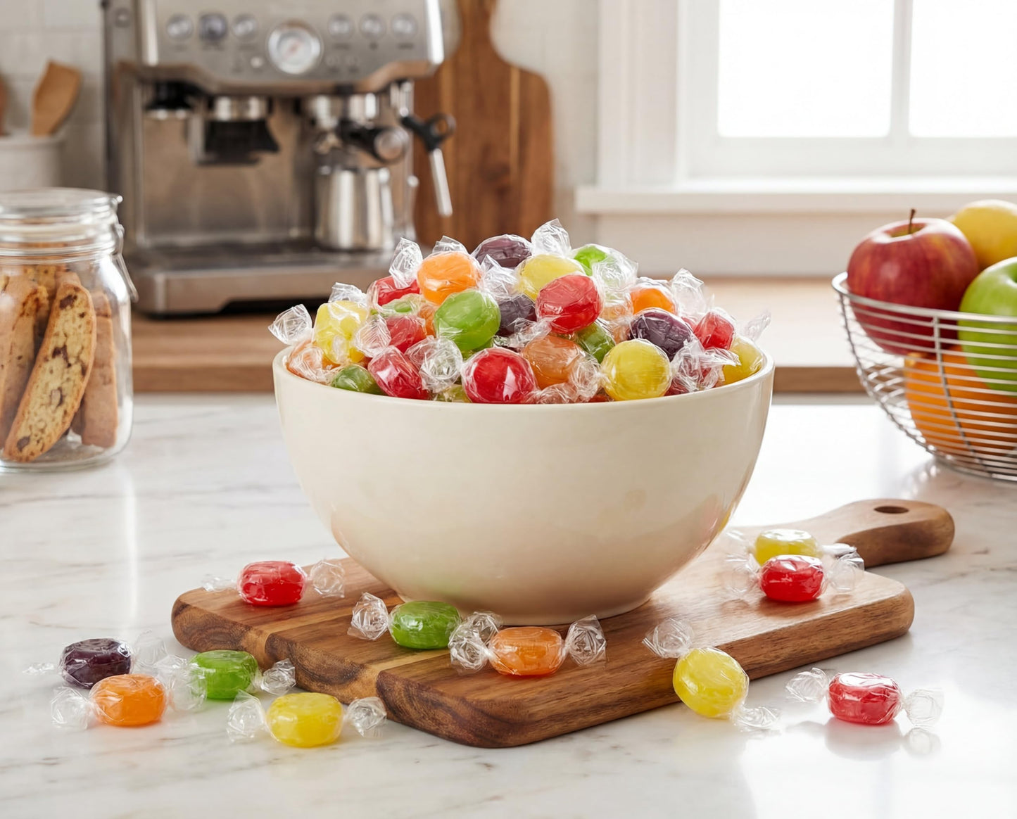 Assorted Fruit Buttons Candy - 4 lb Bulk Bag of Individually Wrapped Cherry Orange Lemon Lime Grape Retro Sweet Treats
