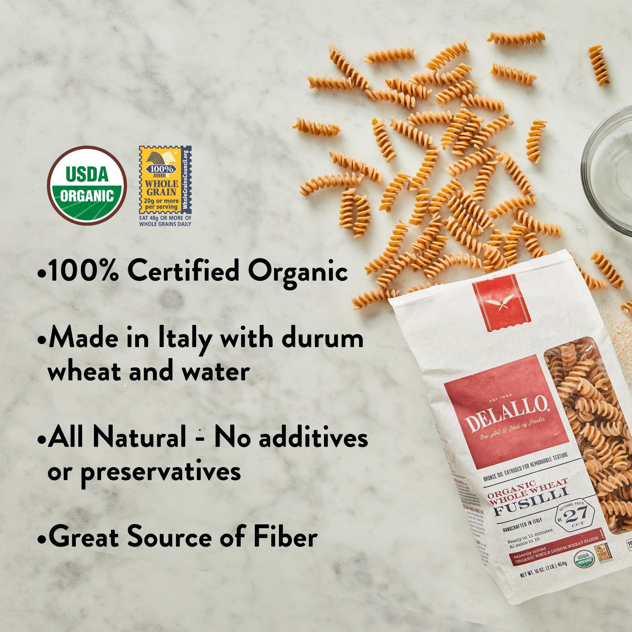 DeLallo Whole Wheat Fusili Pasta, 1 Pound Bag, 7 Pack, 100% Organic, Whole Grain