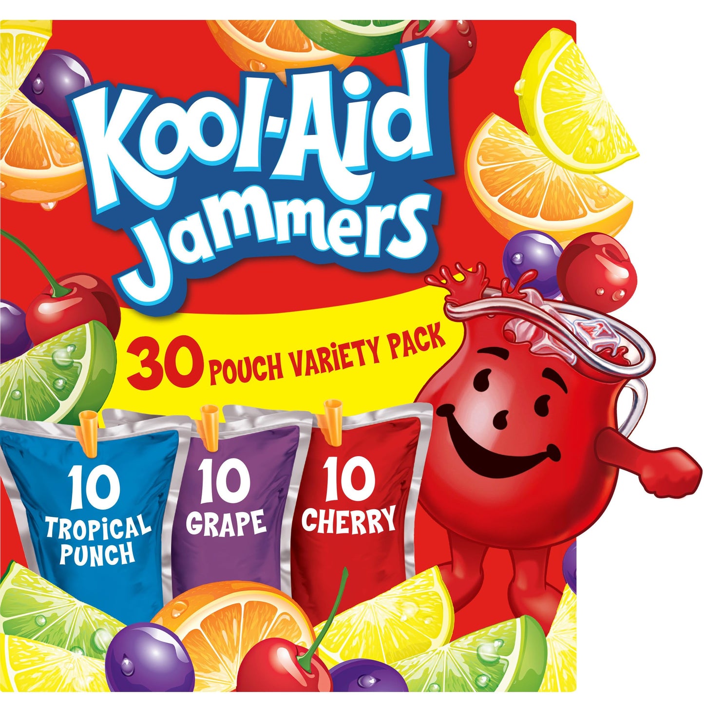 Kool-Aid Jammers Drink, 30 Pouches, for School Lunches and On-the-Go Hydration, Artificially Flavored Tropical Punch, Grape and Cherry Flavors, 6 fl