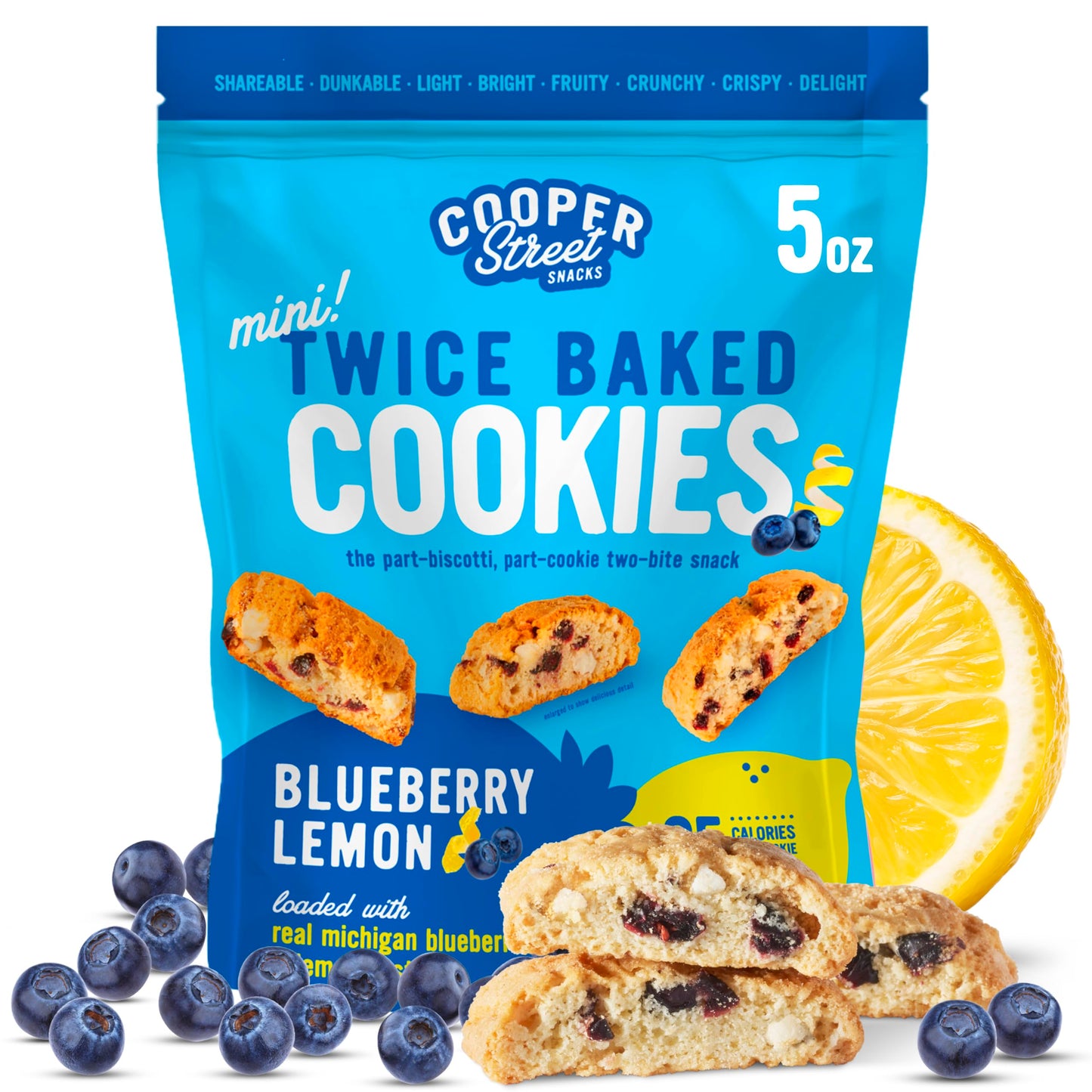 Cooper Street Twice Baked Lemon Blueberry Biscotti Cookies - Light and Crispy Coffee Cookie Bites - Traditional Low Calorie Italian Snacks for Adults