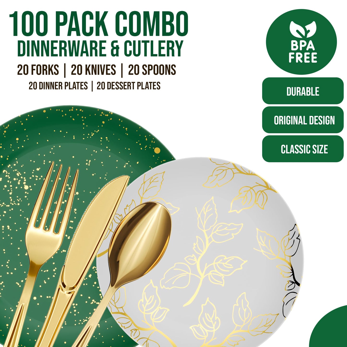 Trendables Christmas Plates Disposable 100 Pcs Christmas Dinnerware Set, Christmas Plastic Plates Set Includes: 20 10" Dinner Plates, 20 8" Dessert
