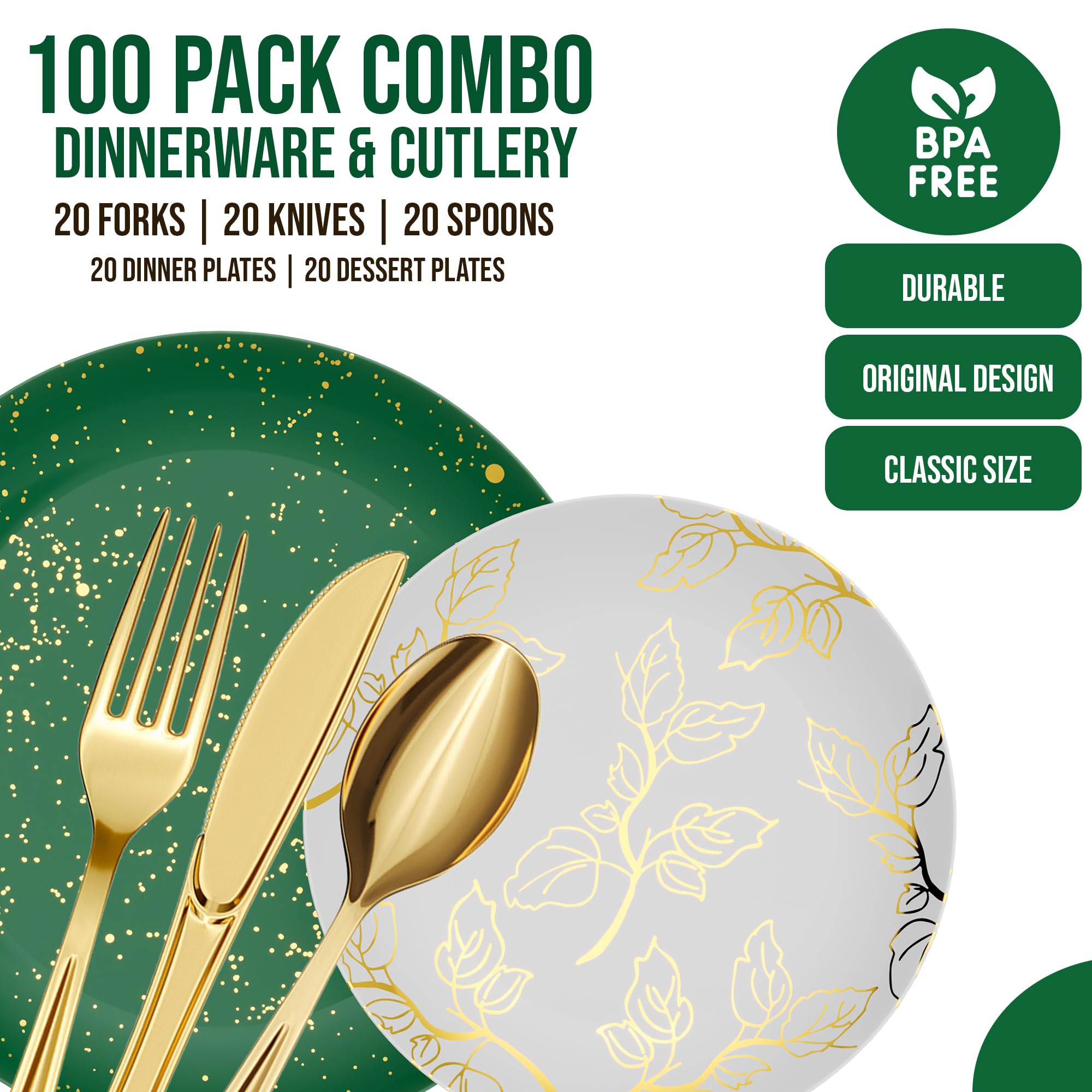 Trendables Christmas Plates Disposable 100 Pcs Christmas Dinnerware Set, Christmas Plastic Plates Set Includes: 20 10" Dinner Plates, 20 8" Dessert