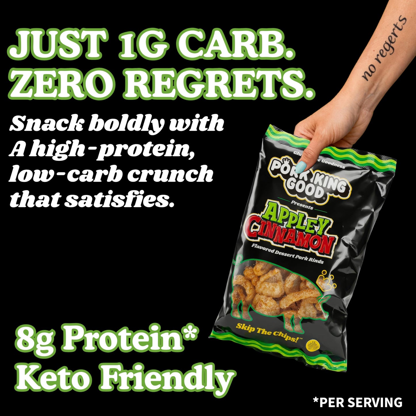 Pork King Good Appley Cinnamon 3 oz Dessert Flavored Pork Rinds - (4 Pack) Sweet and Salty, Gluten Free Snacks