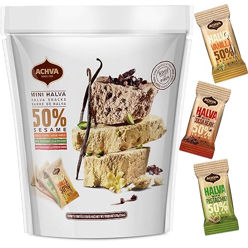 Halva Tahini Bar Mini Snacks - Assortment of 18 Snack-Sized Halvah Pistachio, Vanilla, and Cocoa Bean Israeli Snacks - Vegan, Kosher Snacks with No