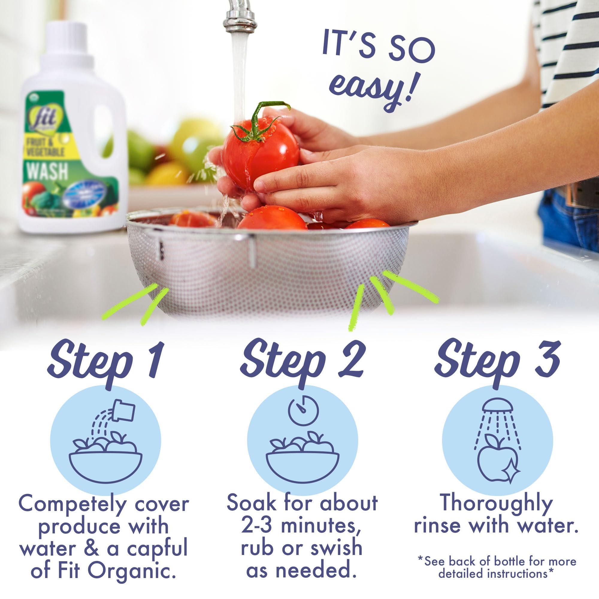 Fit Organic Soaker Produce Wash - USDA Certified Organic & Kosher Fruit and Vegetable Cleaner - Removes Surface Contaminants - Family & Pet Safe