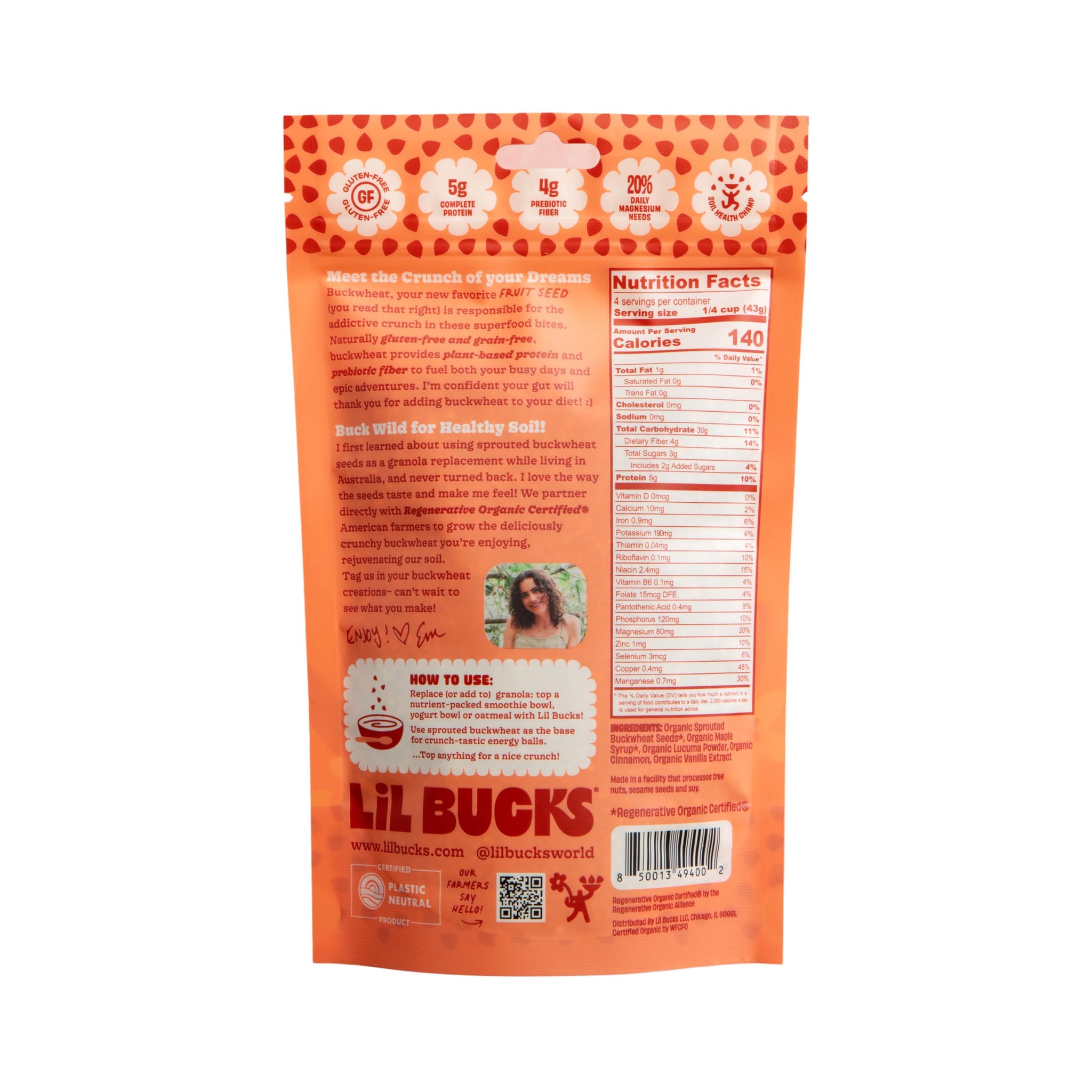 Lil Bucks Sprouted Regeneratively Grown Buckwheat Seeds- Paleo Cereal, Gluten-Free Granola, High in Protein, Low Sugar, Organic Superseed Crunch