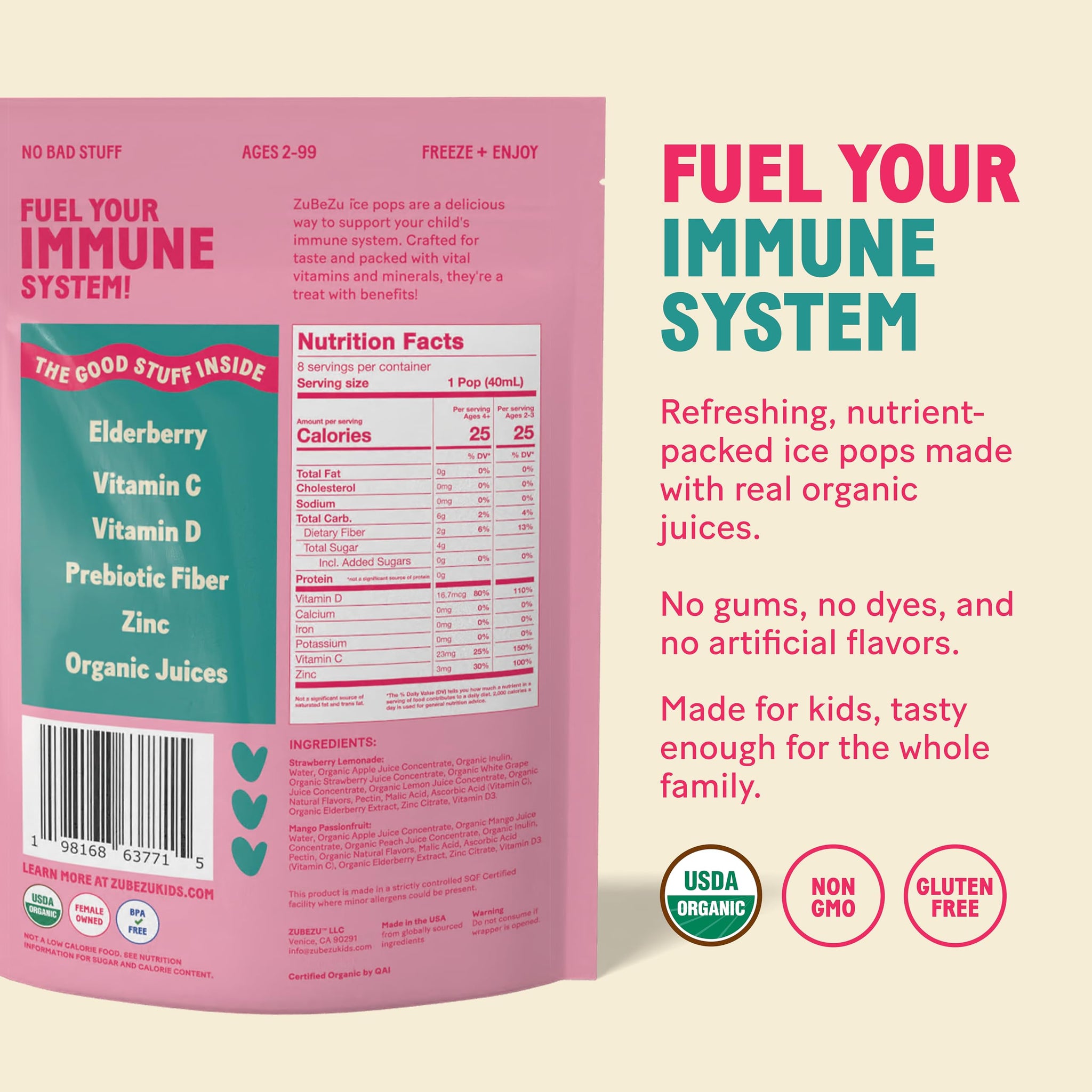 ZuBeZu Organic Immunity Ice Pops - Natural Support for Children’s Immune System with Elderberry, Vitamin C & D, and Zinc - No Added Sugar and 100%