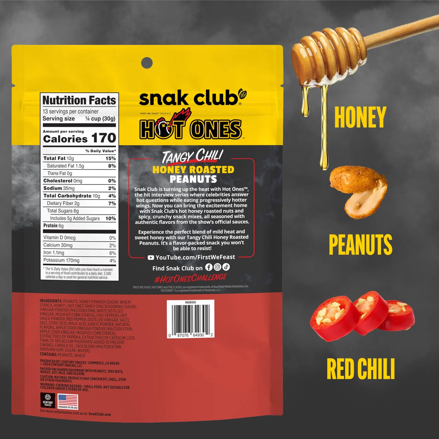 Snak Club x Hot Ones Honey Roasted Peanuts, Tangy Chili, Spicy Nuts, Inspired by Hot Ones, Vegan Snack, 14 oz Resealable Bag