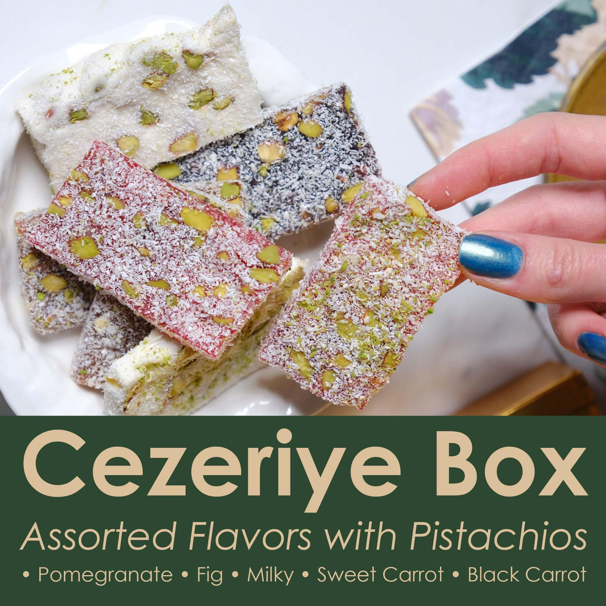 Cezerye Turkish Delight - Fig, Pomegranate, Carrot & Pistachio Lokum, Traditional Turkish Sweets, Healthy Arabic Candy Gift Box, 17.6 oz (500g)