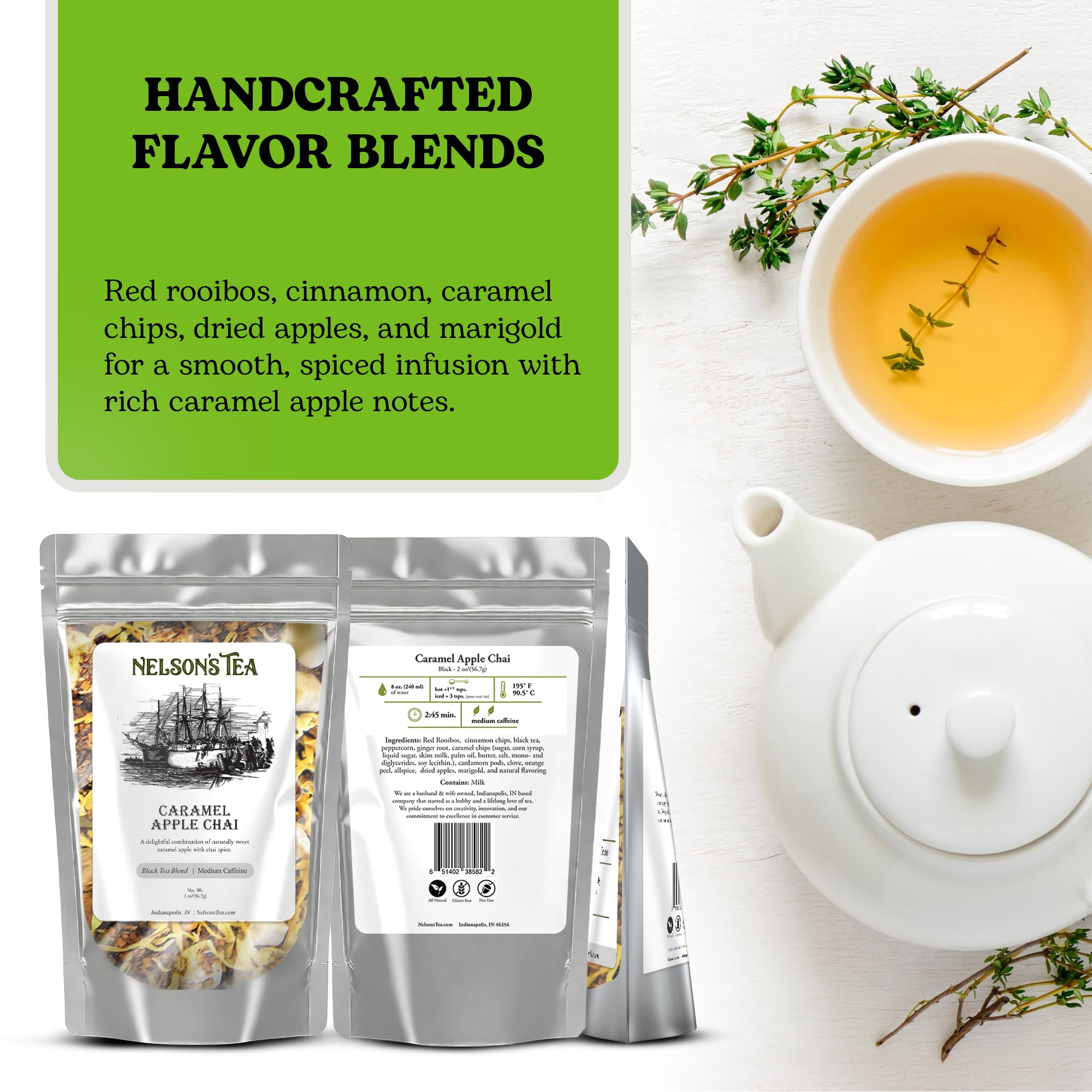 Nelson's Tea Caramel Apple Chai Tea Loose Leaf - Cut & Sifted Red Rooibos Loose Leaf Tea, Black Tea with Cinnamon Chips, Peppercorn, Ginger Root