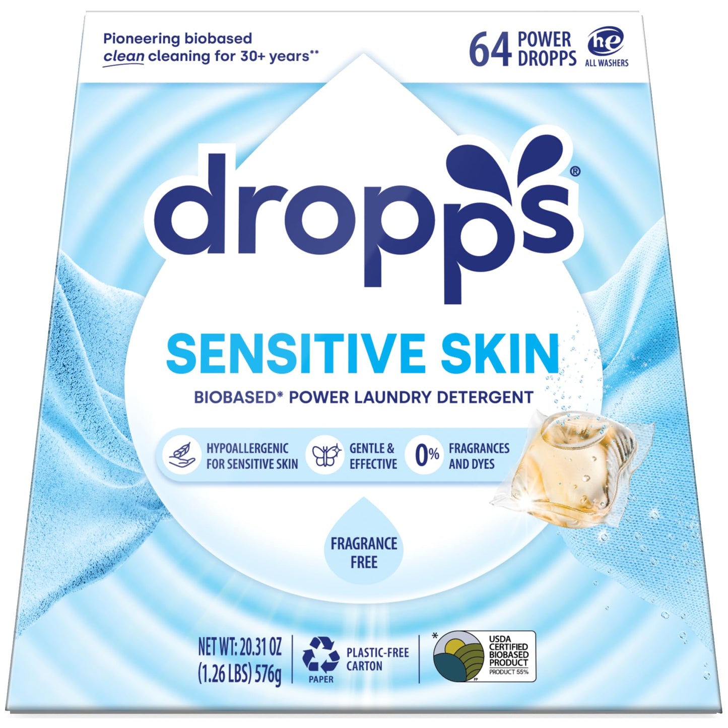 Dropps Sensitive Skin Laundry Detergent Pods, Unscented (64 Ct) - Hypoallergenic & Dermatologist Tested | Free & Clear | Laundry Pods for Sensitive
