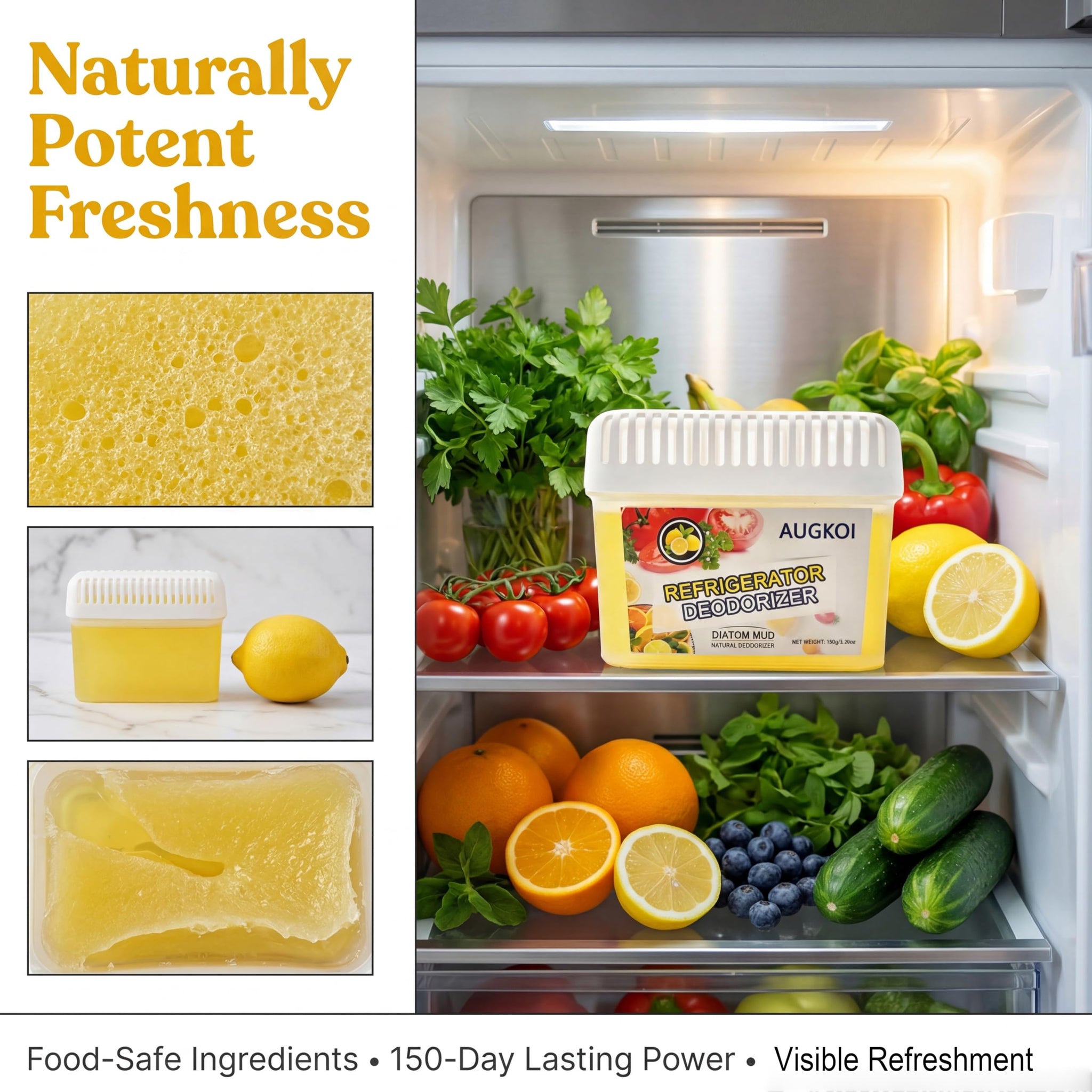 Diatomaceous Earth Gel Refrigerator Deodorizer, More Effective than Activated Charcoal and Baking Soda, Nature-Based Fridge Deodorizer, Eliminates