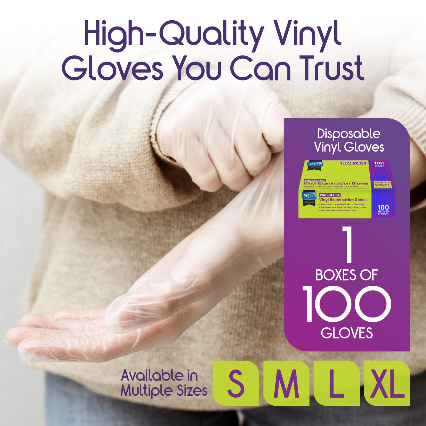 Inspire Exam Medical Clear Vinyl Disposable Gloves - Latex Free for Cleaning, Food Prep (100, Large)
