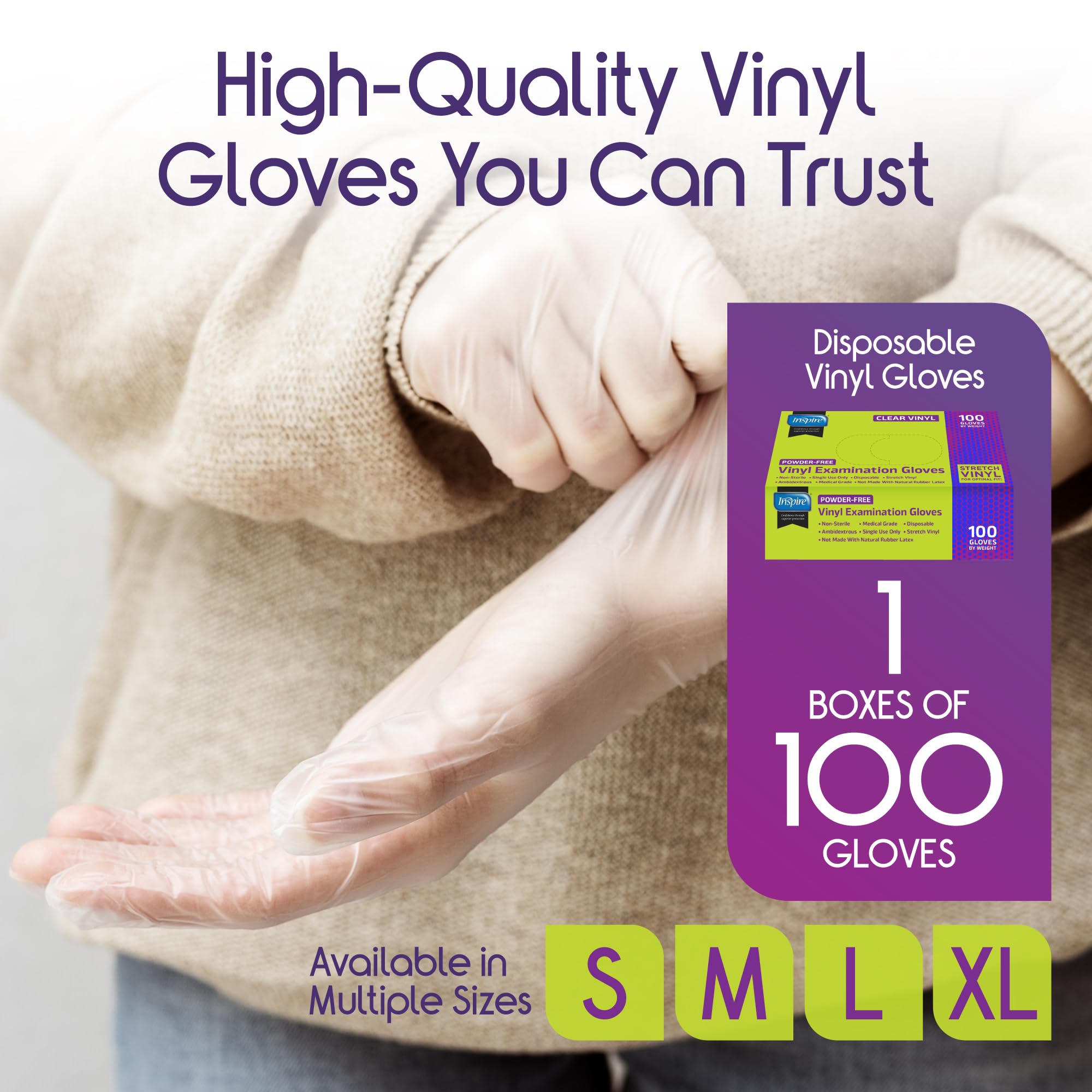 Inspire Exam Medical Clear Vinyl Disposable Gloves - Latex Free for Cleaning, Food Prep (100, Large)